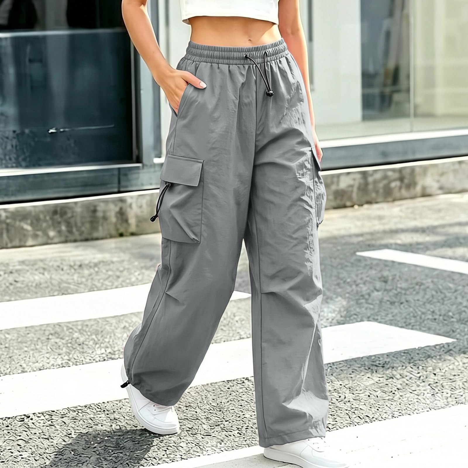 thumbnail video image 2 of DeHolifer Womens Cargo Pants Plus Size Solid Color Elastic Waisted Casual Ttrousers with Pocket Hot Pink L, 2 of 8