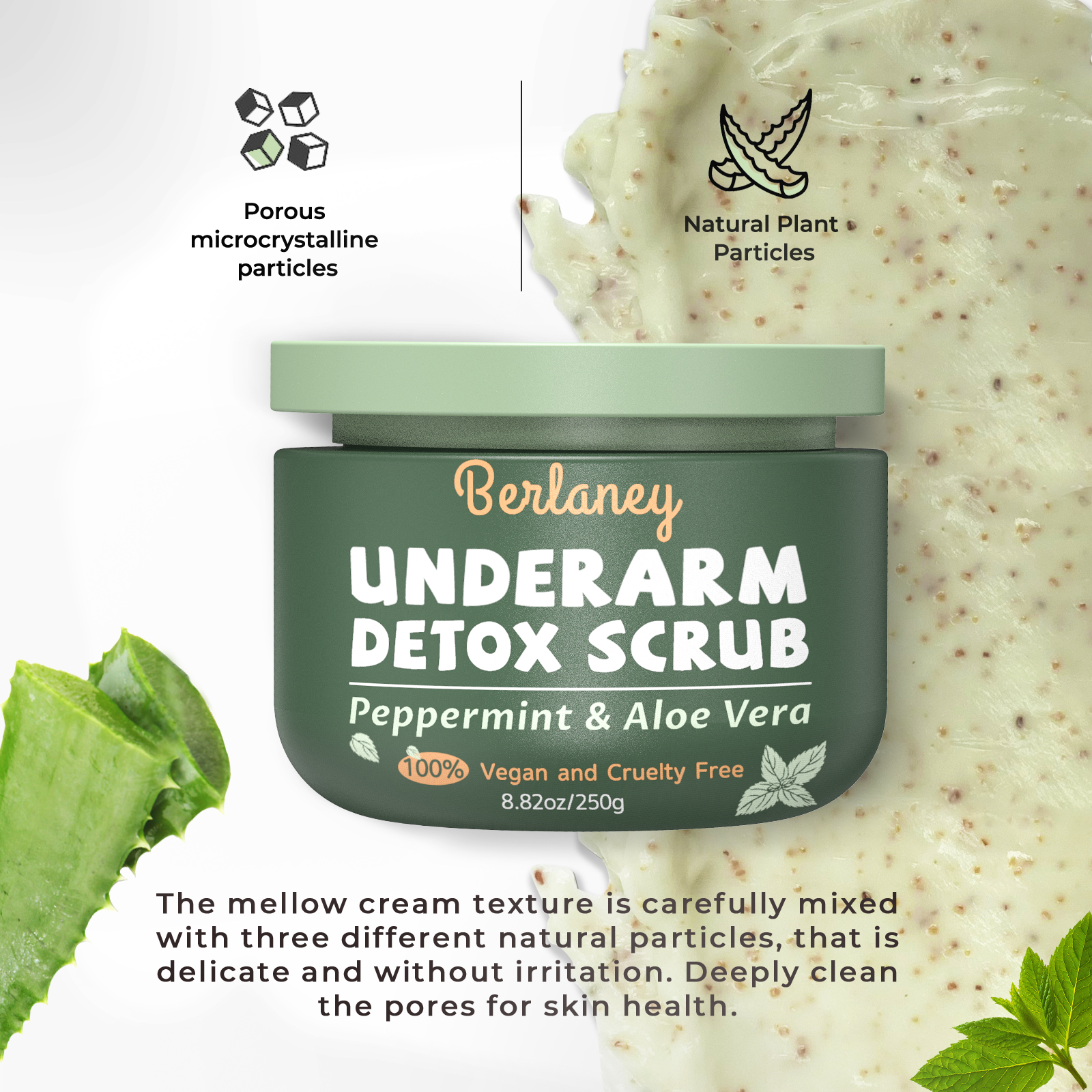 thumbnail video image 2 of Armpit Scrub and Body Scrub 8.8 oz with Peppermint, Aloe Vera and Walnut Shell Powder, Deep Cleanse & Exfoliating, for Legs, Knee, Feet, Arms, Hands and the Whole Bod, 2 of 8