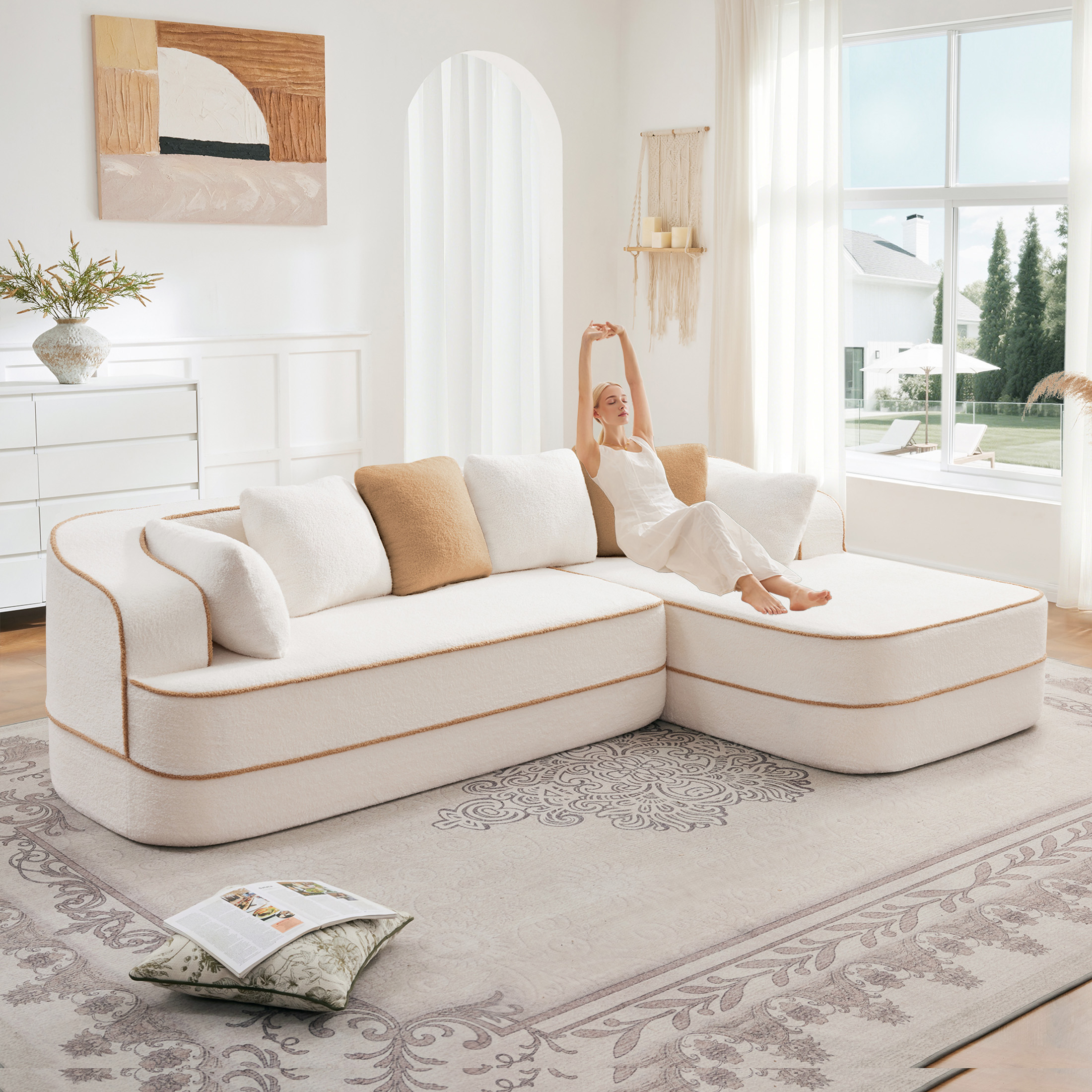 thumbnail video image 2 of 105.9'' Extra Deep Cloud Couch, Contrast Color Boneless Couch Bed, Teddy Fabric Modular Sectional Sofa with Deep Seat, L Shaped Couch  for Living Room, No Assembly Required, Camel, 2 of 11