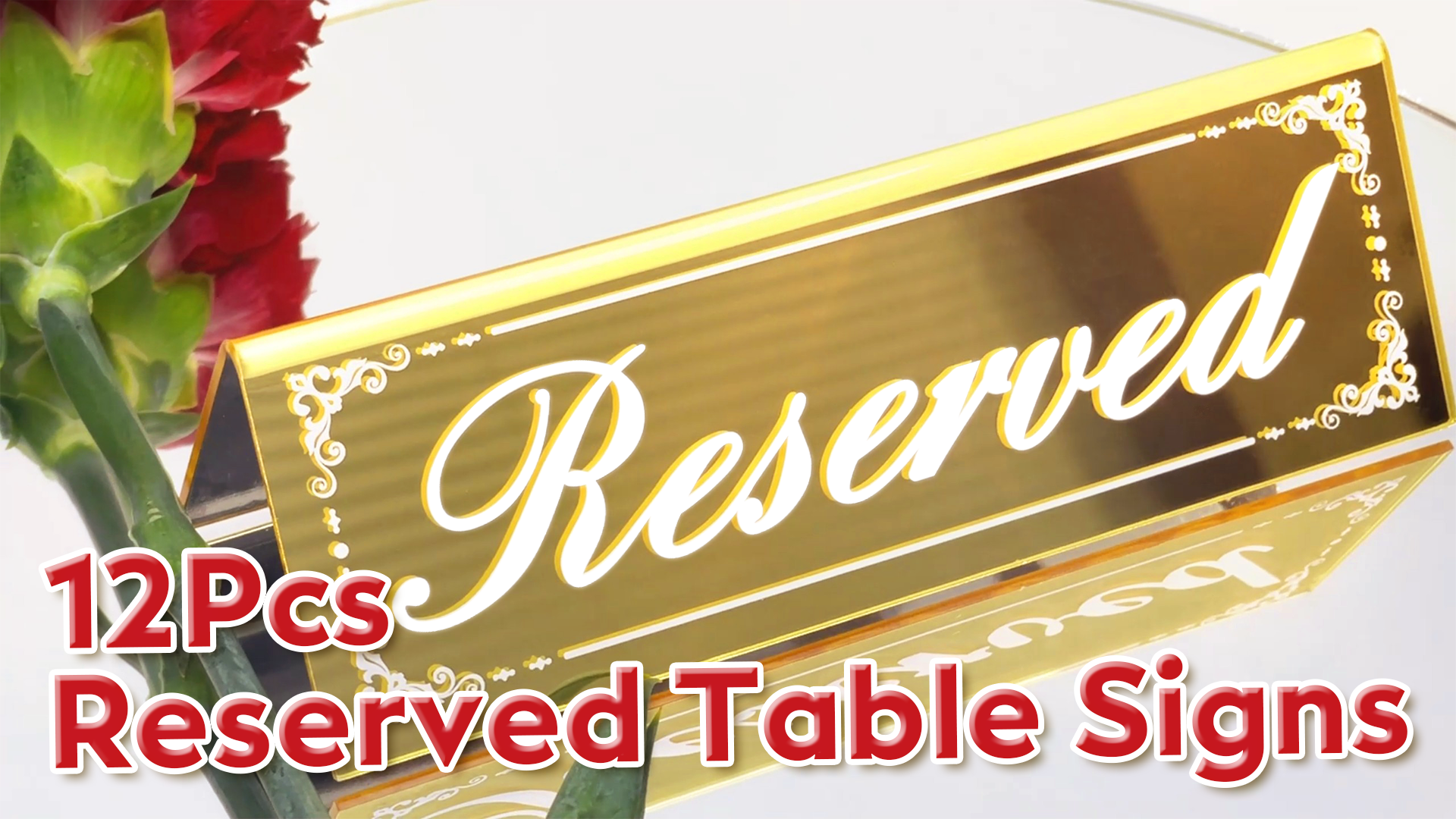thumbnail video image 2 of Framokoko 12 Pcs Mirrored Reserved Table Signs, Double Sided Table Tent Signs with Suede Cloth, Reservation Seat Indicators for Wedding Restaurant Ceremony Party Banquet (Gold 6"x2"), 2 of 8