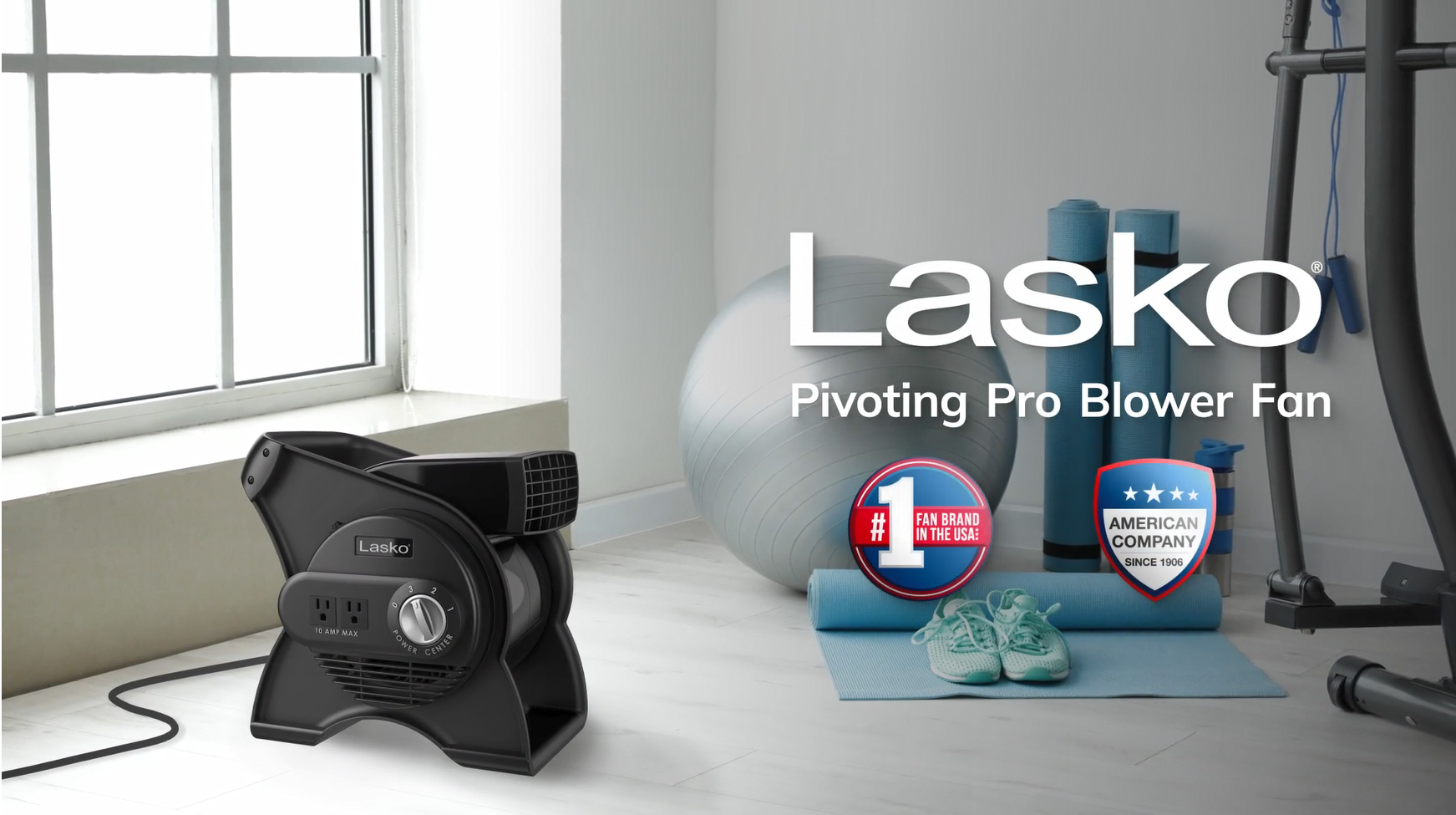 thumbnail video image 2 of Lasko Pivoting Pro 12" 3-Speed Rotating Head Free Standing Blower Fan, 289 CFM, Black, U12104, 2 of 11