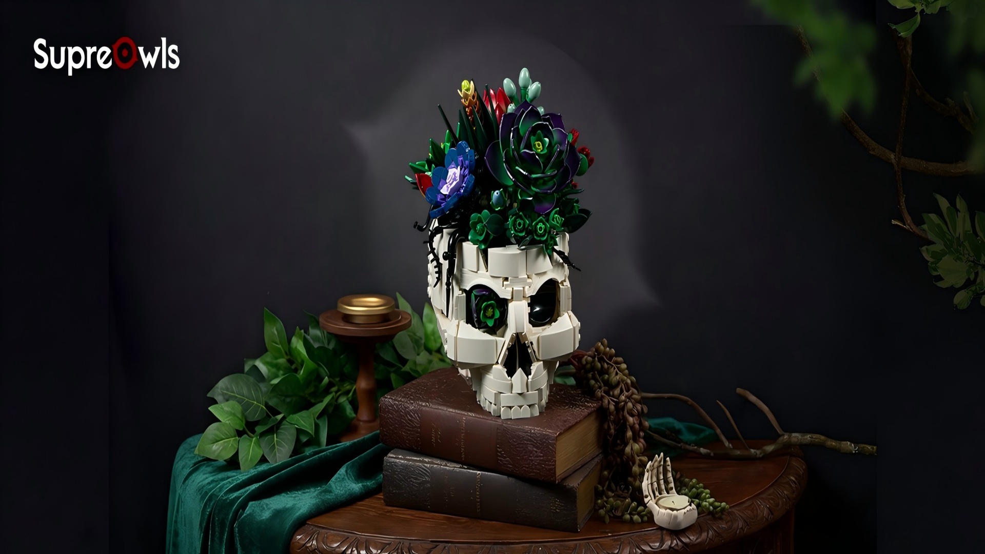 thumbnail video image 2 of SupreOwls Succulent Skull Building Block Sets, 1079 Pcs Gothic Flower Pot Model For Adults, DIY Creative Plant Decor, Home Desk Decoration Gift Idea, 2 of 7