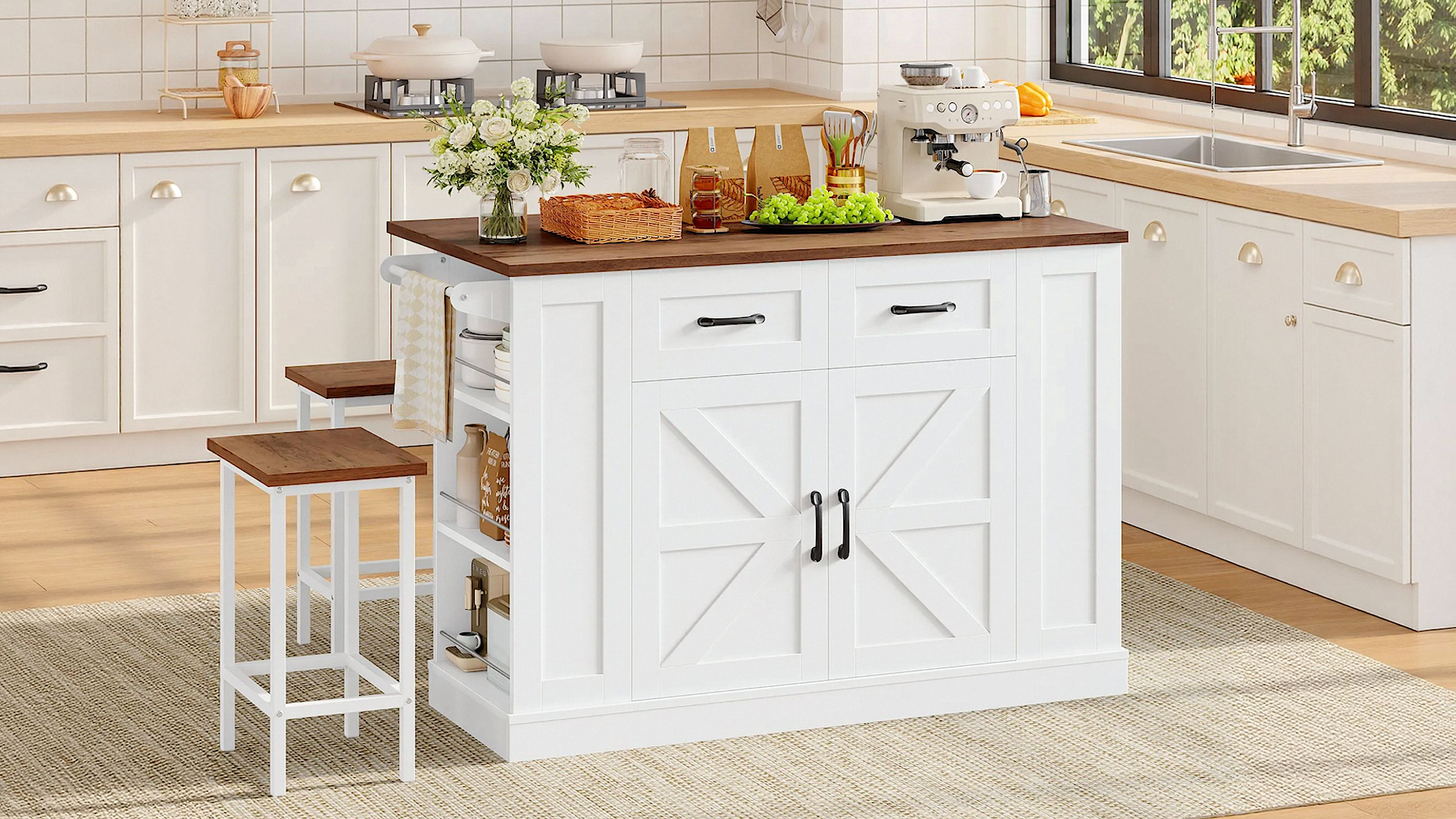 thumbnail video image 2 of Homfa 47.2'' Kitchen Island with Drop Leaf and Charging Station, Portable Kitchen Island with Storage and 2 Seating, White Rolling Cart with Wheels for Kitchen, Dining Table for 2, 2 of 9