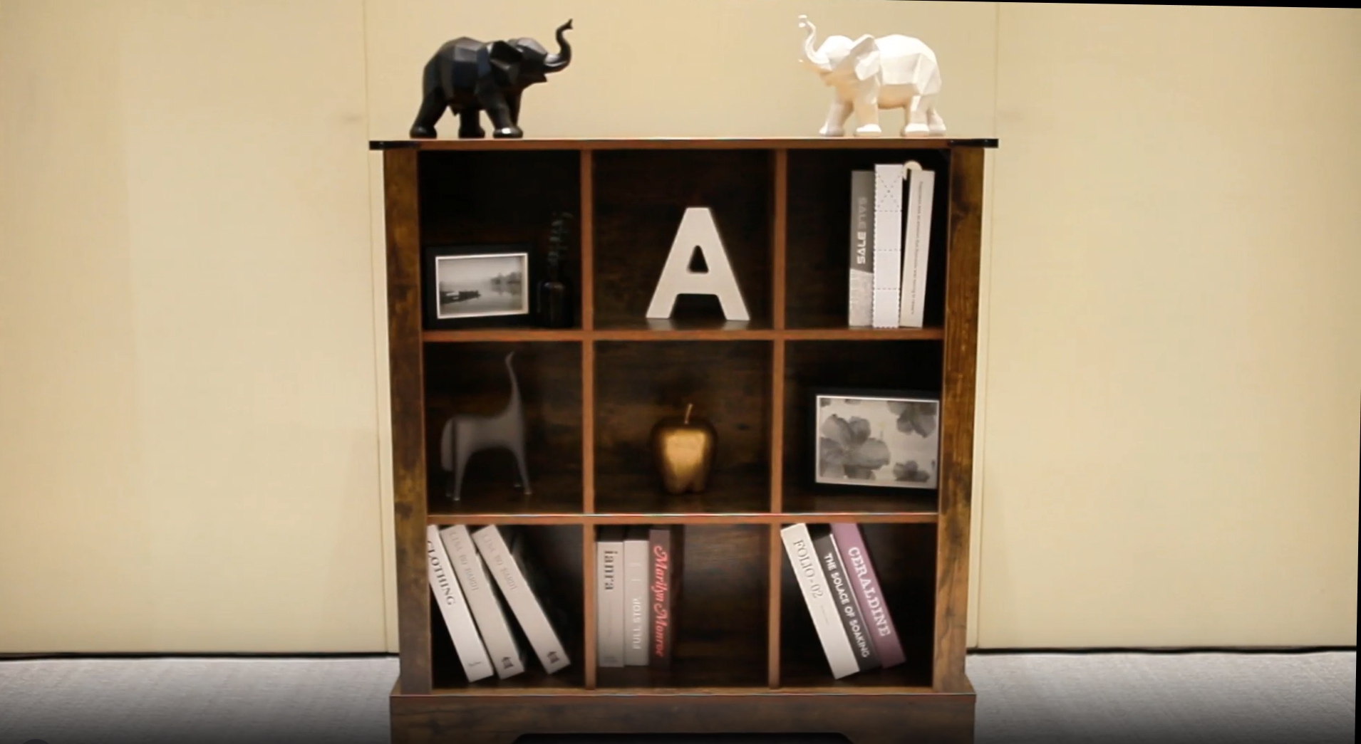 thumbnail video image 2 of 9-Cube LED Bookshelf - Mid-Century Modern Wood Storage Shelf for Bedroom, Living Room & Office, Brown, 2 of 7