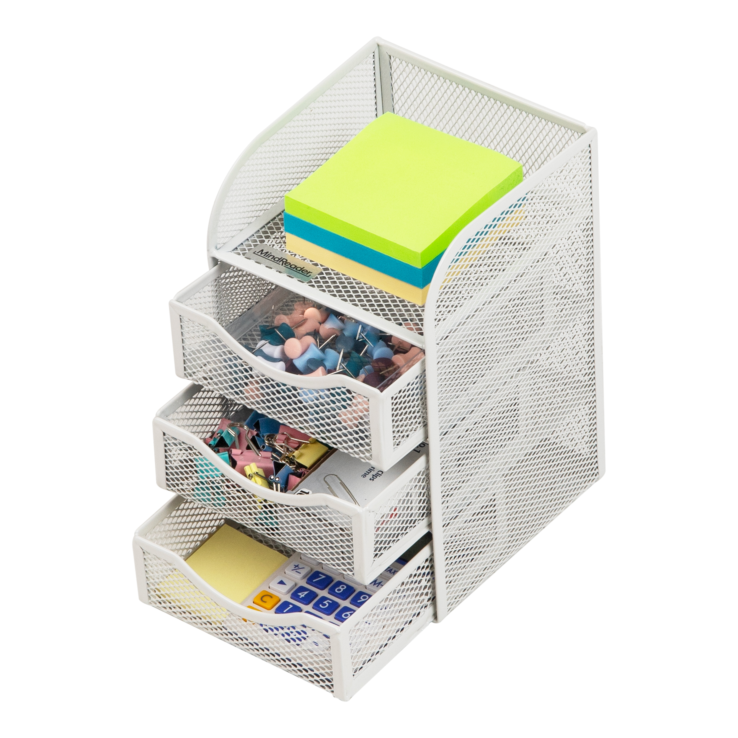 thumbnail video image 2 of Mind Reader Desktop Accessory Storage, Paper Binder Clip Basket, Workspace, Office, Metal Mesh, 4.75"L x 5"W x 8"H, White, 2 of 8