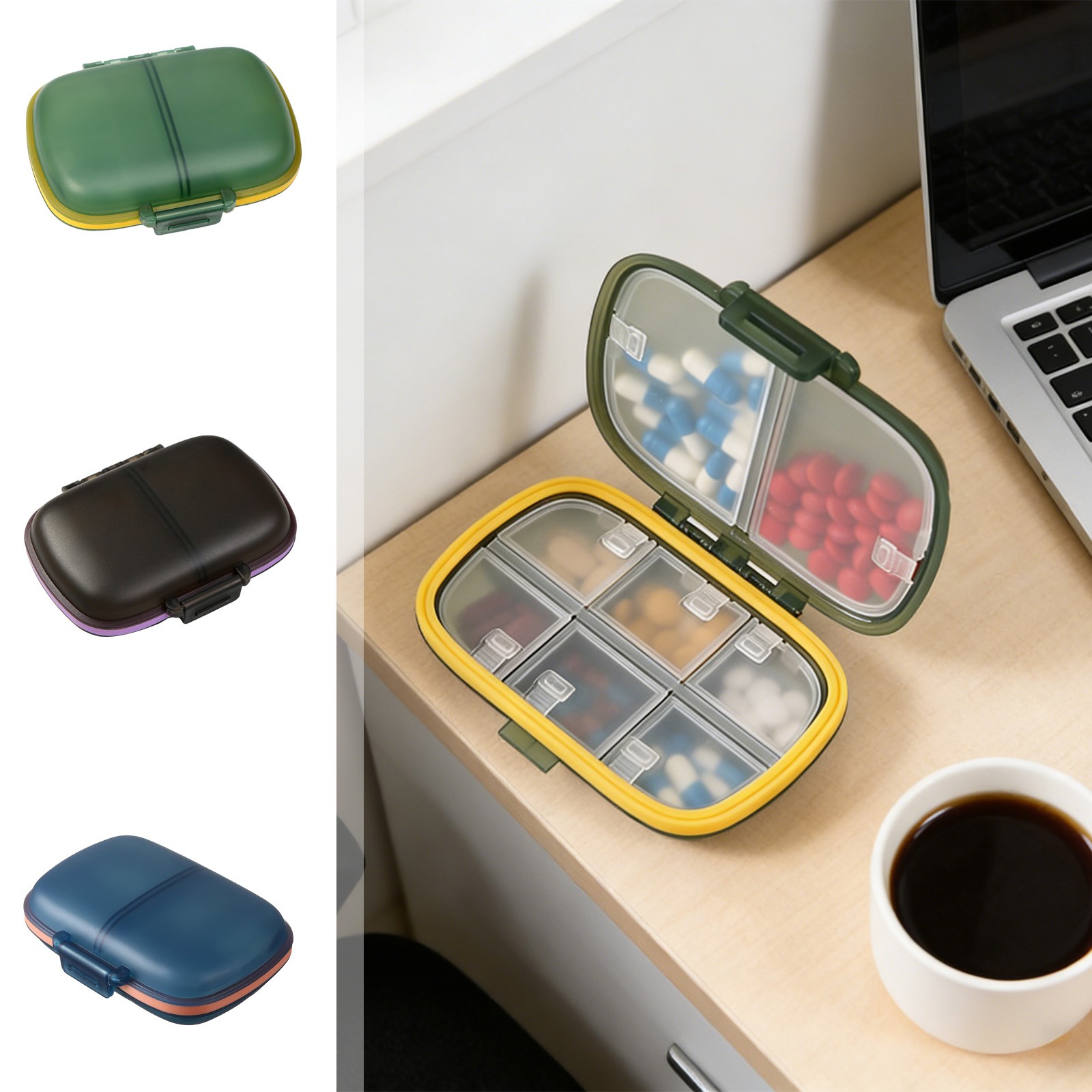 thumbnail video image 2 of Pill Organizer Pill Box, 8 Compartments Large Pill Dispenser, Home Travel Supplement Holder, Airtight Vitamin Container Daily Medicine Travel Essentials, 2 of 8