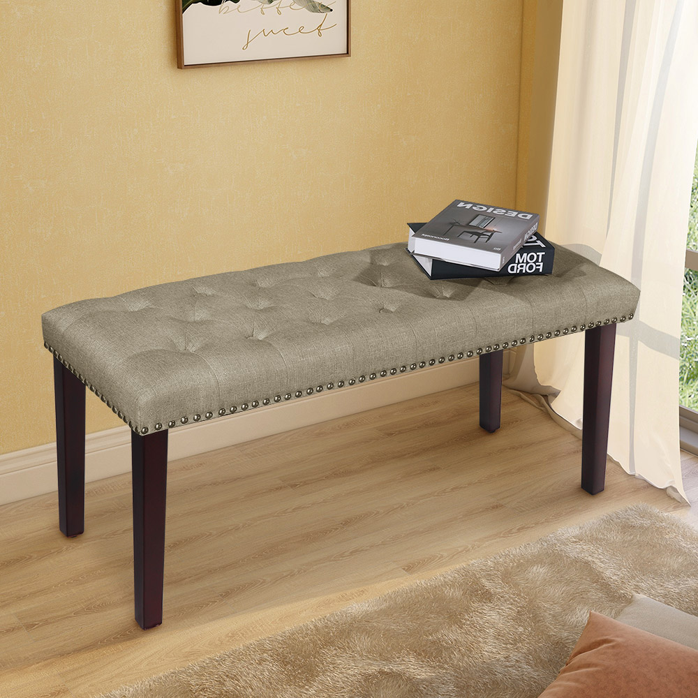 thumbnail video image 2 of Abble Upholstered Wood Bench, Tan, 2 of 5