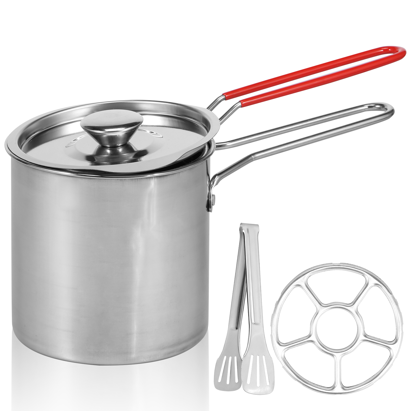 thumbnail video image 2 of Deep Fryer with Strainer Basket and Handle Stainless Steel Fry Pot Durable Food Grade Outdoor Fryer with Lid Portable Food Cooking Pot for Frying Fish Shrimp Chicken and Fries, 2 of 7