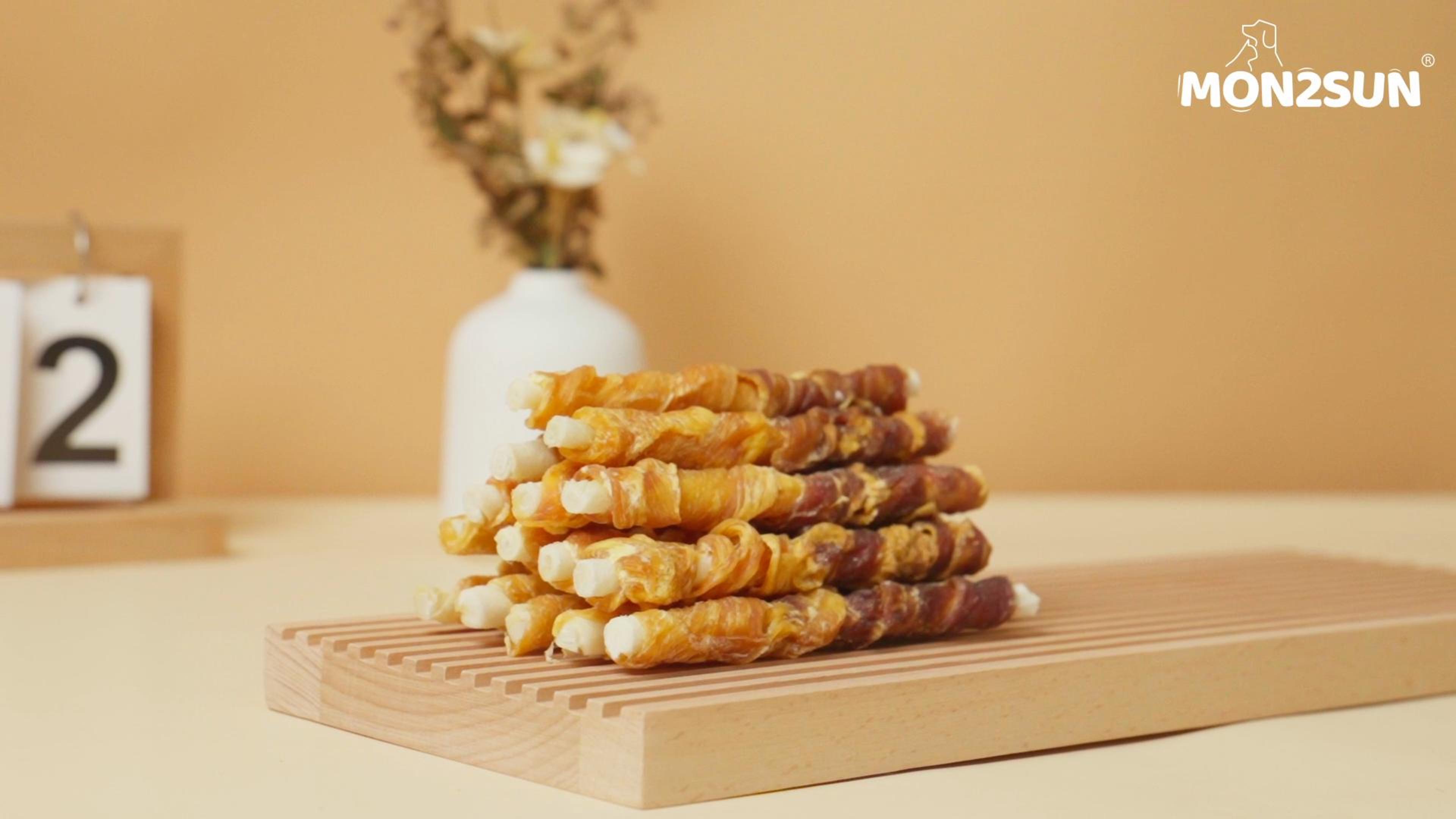 thumbnail video image 2 of MON2SUN Chicken & Duck Wrapped Rawhide Sticks Small Dog Treats, 21.16 (40 Count), 2 of 9