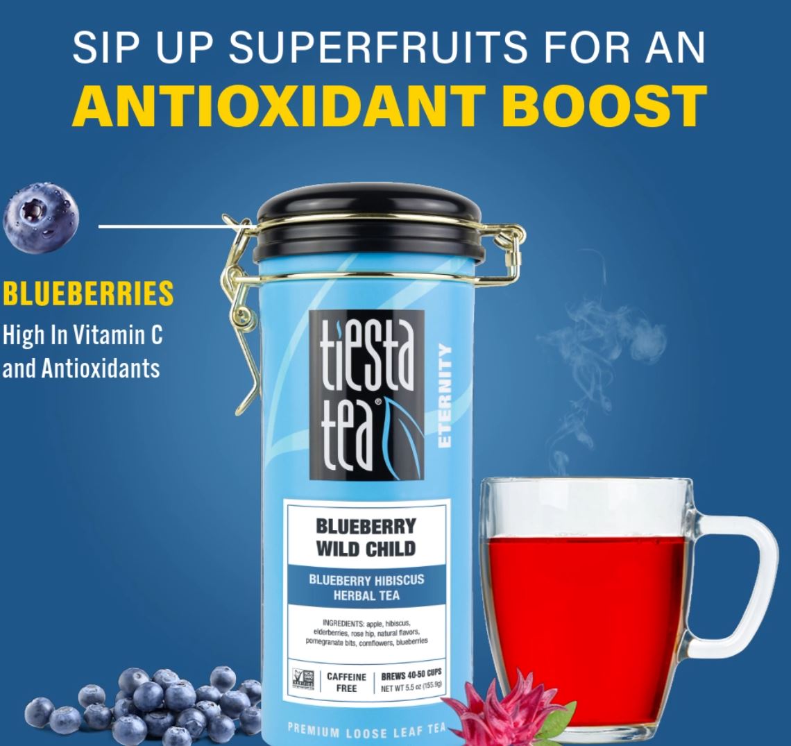 thumbnail video image 2 of Tiesta Tea Blueberry Hibiscus Superfruits Loose Leaf Tea, Caffeine Free, GMO-Free, 5.5 oz Tin, 2 of 10