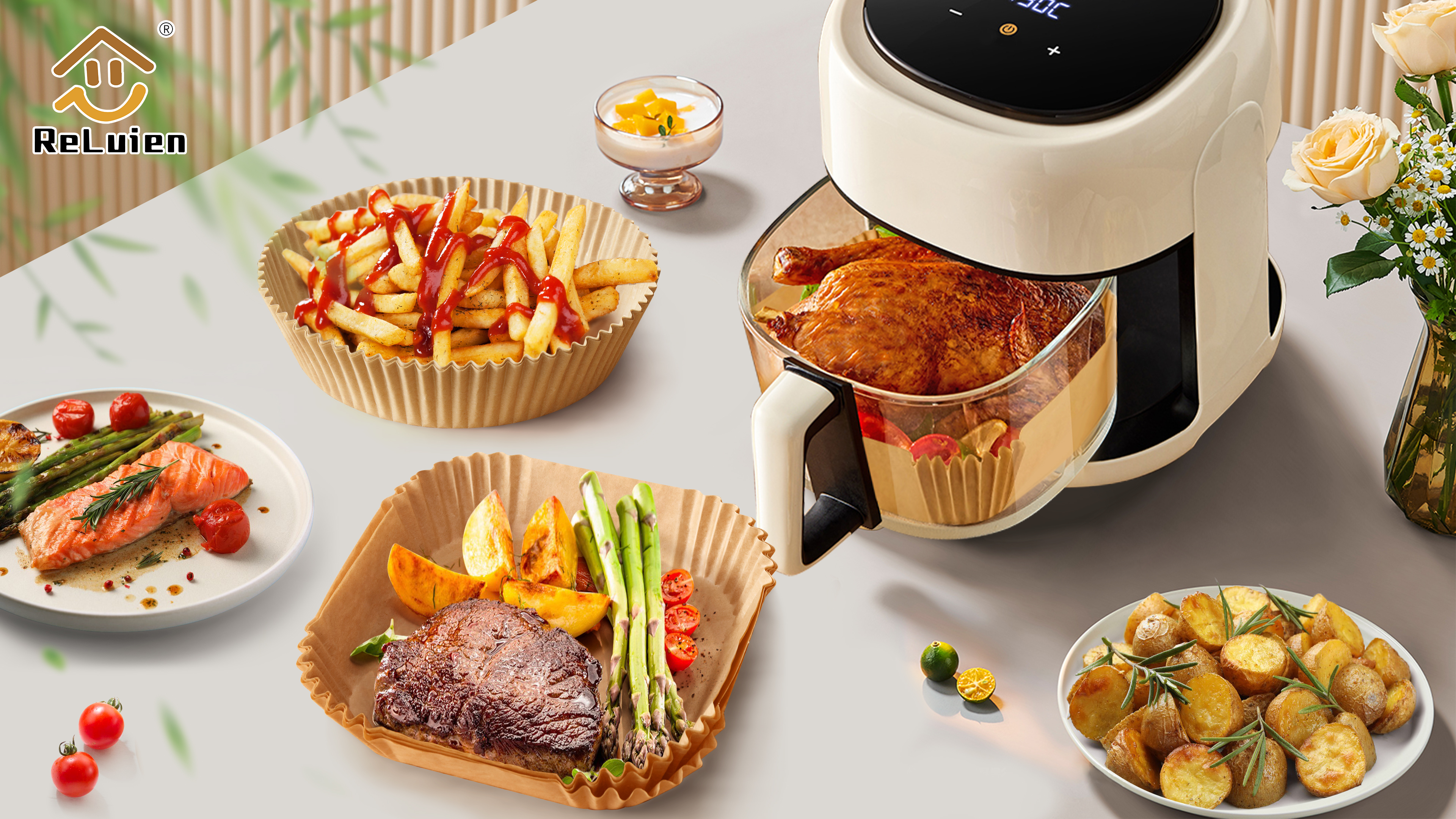 thumbnail video image 2 of Reluien Air Fryer Liners Disposable 125 Count, Non-stick 8 inch Unbleached Parchment Paper Liner for 5-8QT Air Fryer, Oil-proof, Water-proof, 2 of 8