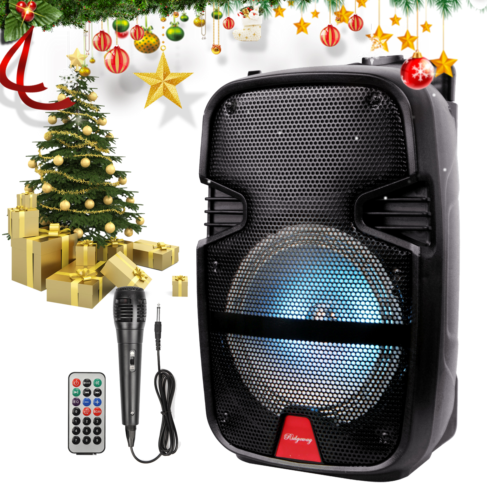 thumbnail video image 2 of Lohoms Portable Wireless Speaker, FM Rechargeable Bluetooth Speaker 8" Subwoofer with Microphone Sound Party PA System AUX, Remote, Handle, Wheels, 7.6lbs, 2 of 10