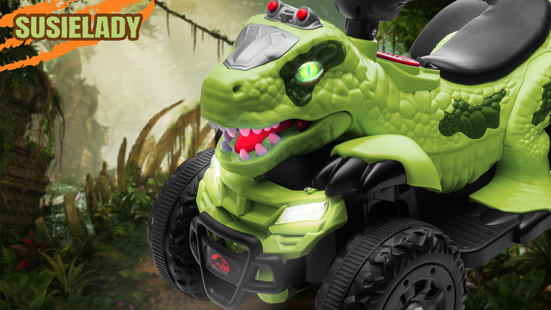 thumbnail video image 2 of SUSIELADY 12V Kids Dinosaur Ride on ATV, Quad 4 Wheeler Dinosaur Design, Electric Ride on Toy, Music Early Education Function, Power Display, Safe Driving, Outdoor Toy for Boys Girls Aged 2-6, Blue, 2 of 8