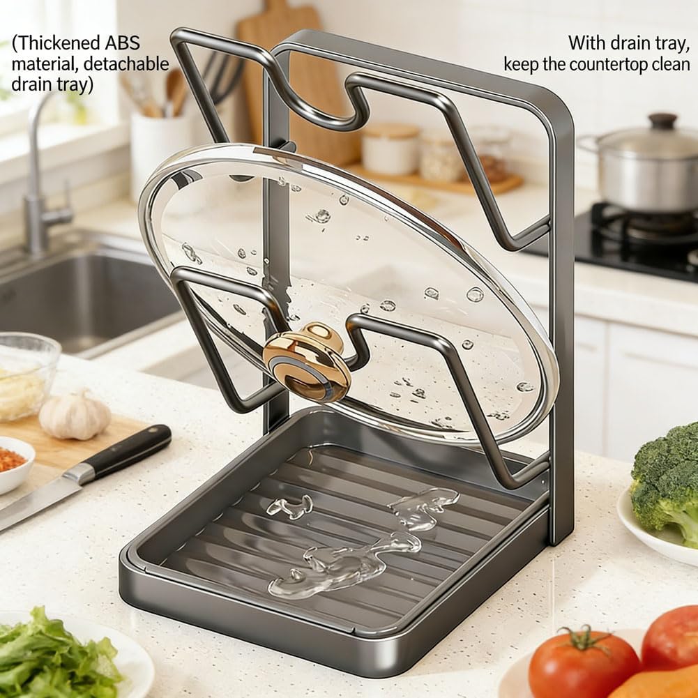 thumbnail video image 2 of Sibebed Kitchen Pot Lid Storage Rack, 304 Stainless Steel Pot Lid Holder While Cooking, Multifunctional Kitchen Pot Cover Organizer for Countertop, With Removable Drip Tray, 2 of 9