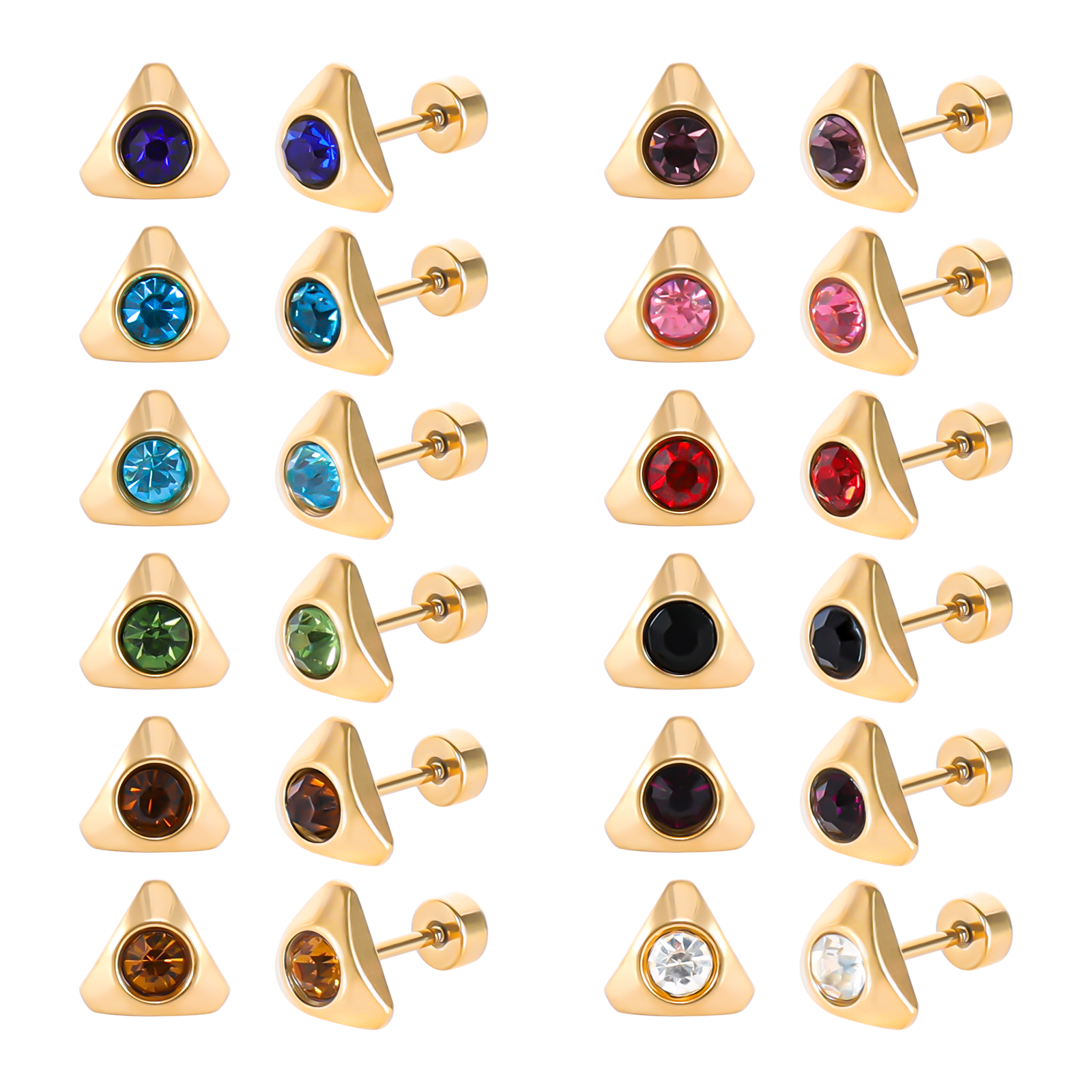 thumbnail video image 2 of 12 Pairs Surgical Stainless Steel Flat Back Birthstone Cubic Zirconia Stud Earrings, Gold Plated Screw Back Round Star Heart Flower Hexagon Triangle CZ Stud Earrings Set, 2 of 8