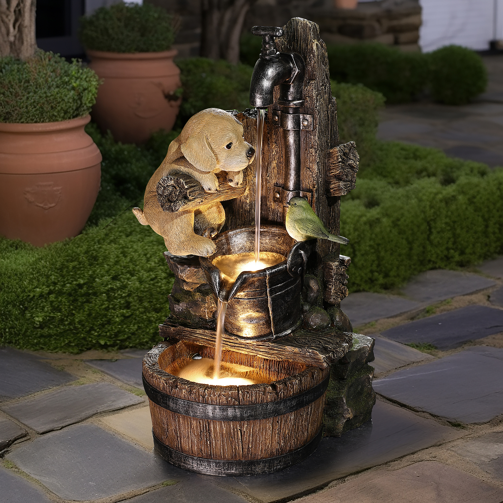thumbnail video image 2 of LuxenHome Outdoor Water Fountain, 25 Inch Whimsical Puppy Dog Resin Water Fountains Indoor with LED Lights, 2 of 11
