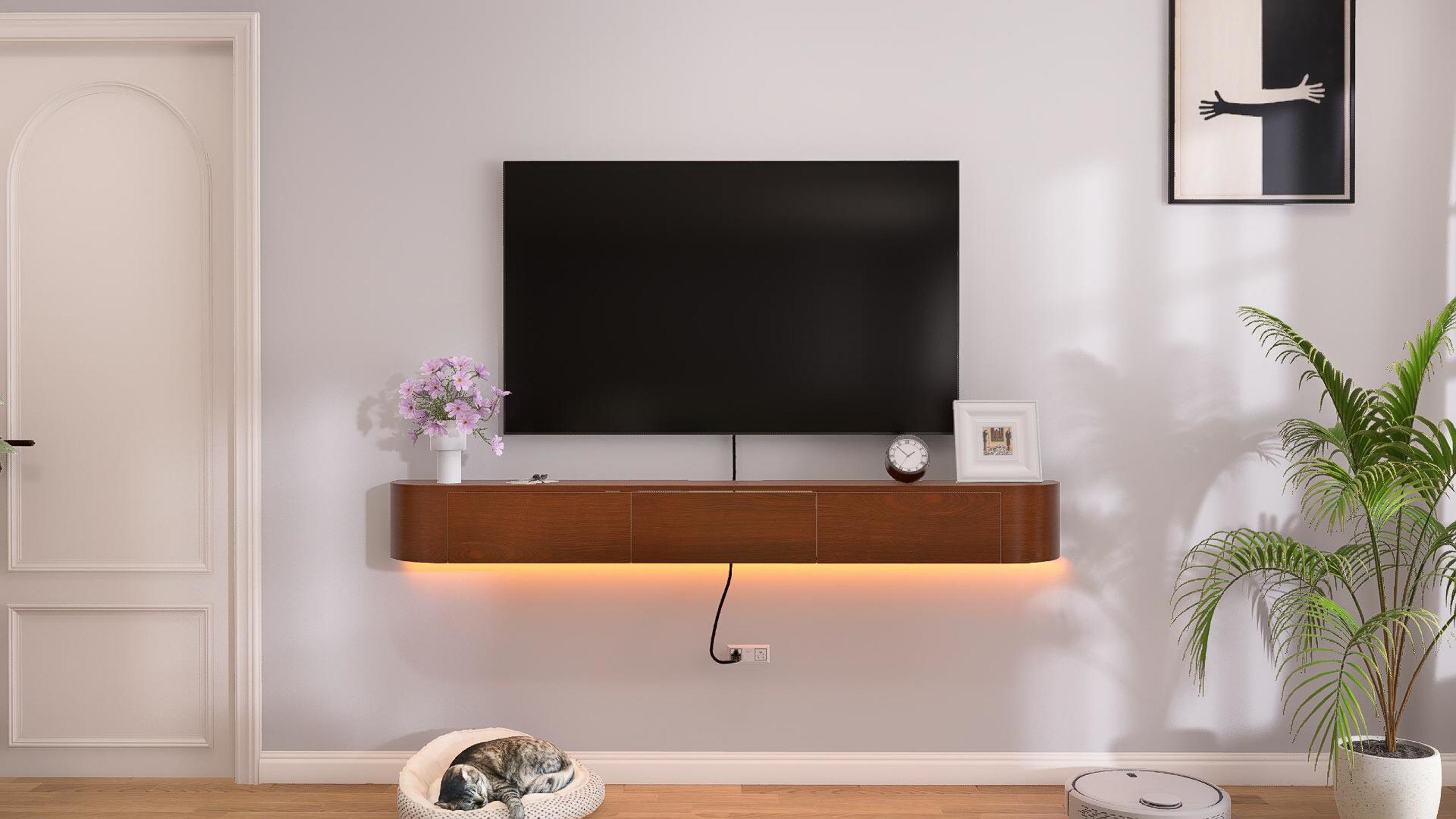 thumbnail video image 2 of FloatiCasa 63-inch Fully Assembled Natural Wood Veneer Floating TV Stand Wall-Mounted Entertainment Center for TVs up to 70", 2 of 16