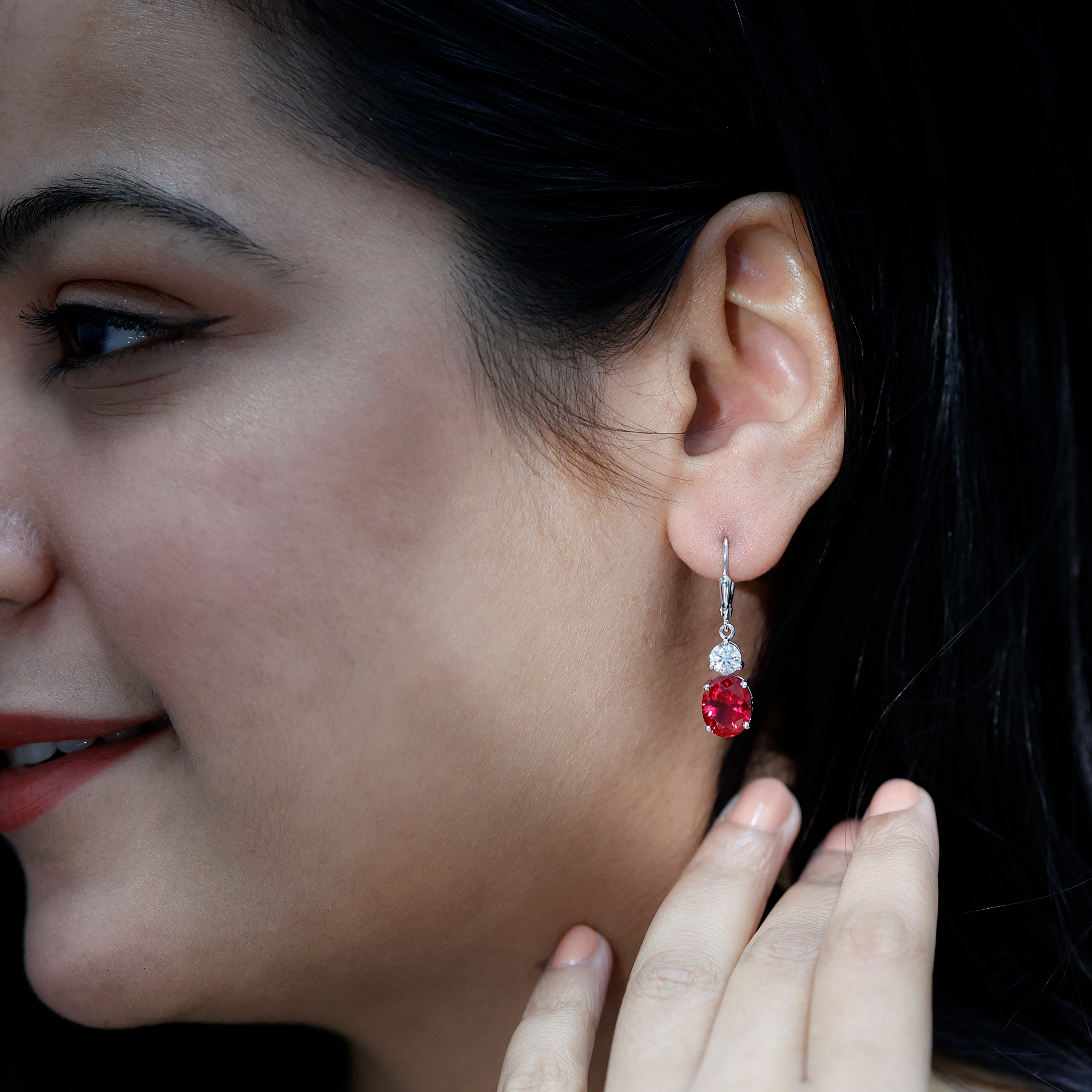 thumbnail video image 2 of Lab Grown Ruby Drop Earrings with Moissanite for Women, Lever Back Earrings - AAAA Grade, 10K White Gold, 2 of 8