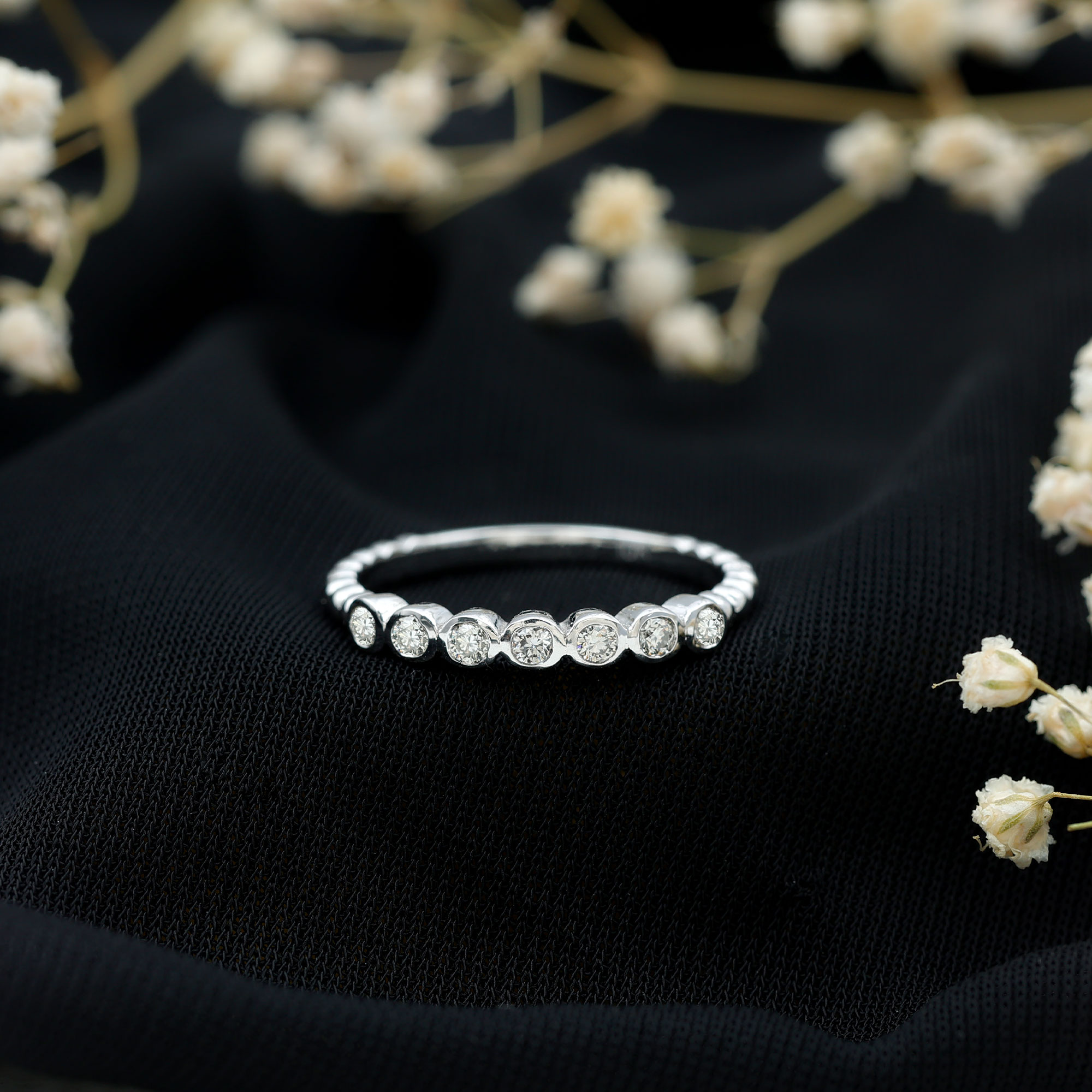 thumbnail video image 2 of Rosec Jewels 1/2 CT Diamond Seven Stone Stackable Ring for Women with Beaded Gold - April Birthstone Jewelry, 10K White Gold, US 12.50, 2 of 8