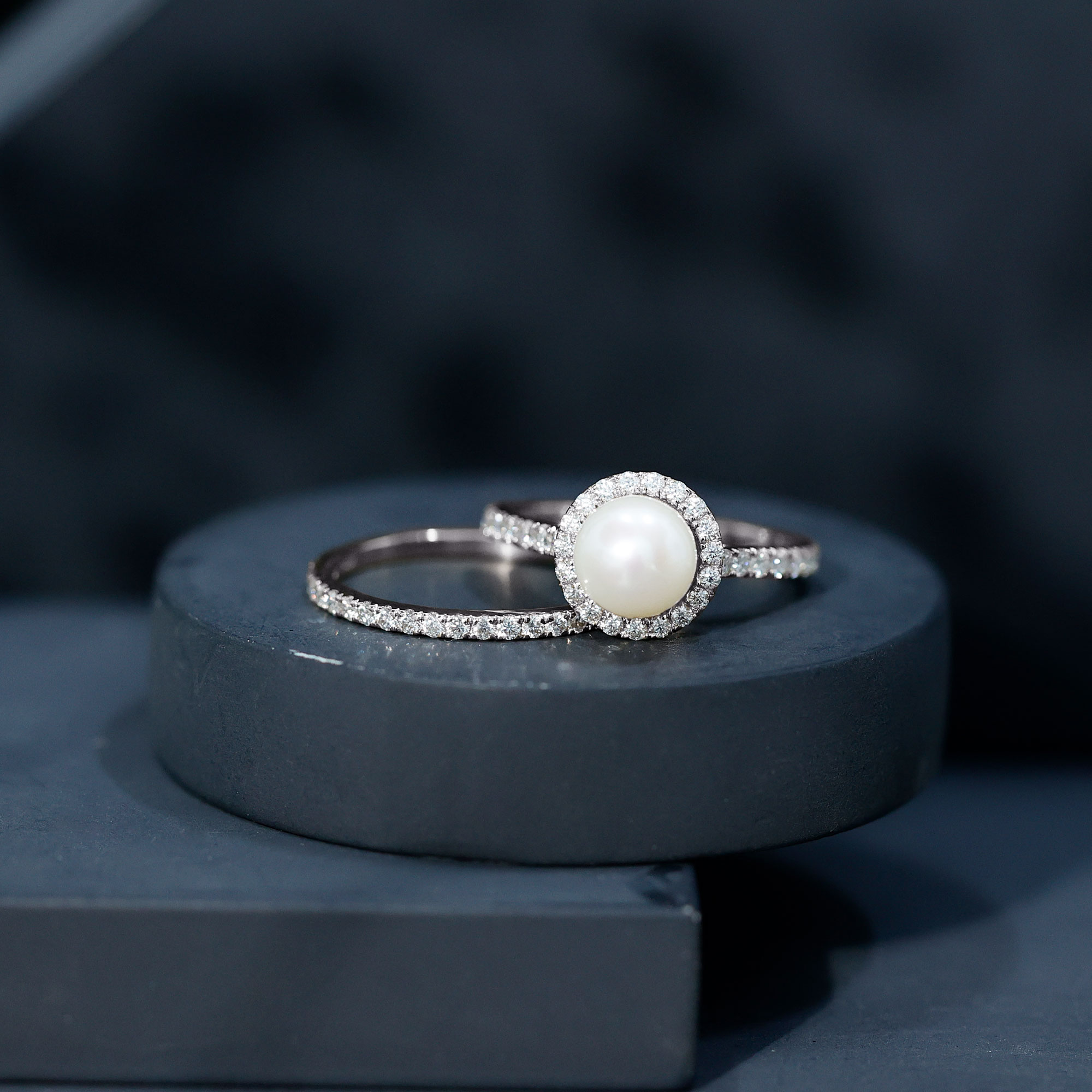 thumbnail video image 2 of Rosec Jewels Natural Freshwater Pearl Engagement Ring Set of 2 - Halo Engagement Ring with Wedding Band - AAA Quality, 925 Sterling Silver, US 4.00, 2 of 9