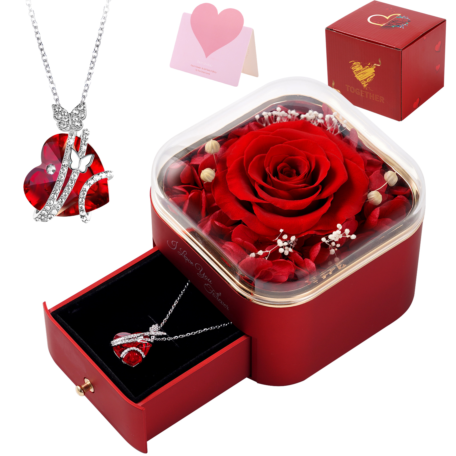 thumbnail video image 2 of TJT Preserved Rose Flower with Heart Necklace in Box, Eternal Real Rose for Her Women Wife Grandma Anniversary Birthday Romantic Love Gifts, Red Square, 2 of 19