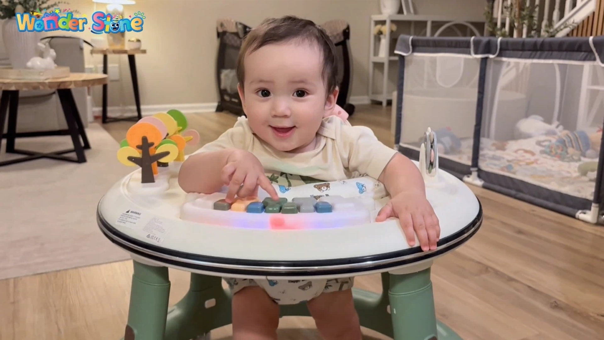 thumbnail video image 2 of WonderStone 3 in 1 Baby Walker, Push Walker with 360° Swivel Seat, Music & Light Toys, Baby Bouncer, Baby Activity Center for Boy Girl 6-18 Months (Green), 2 of 11