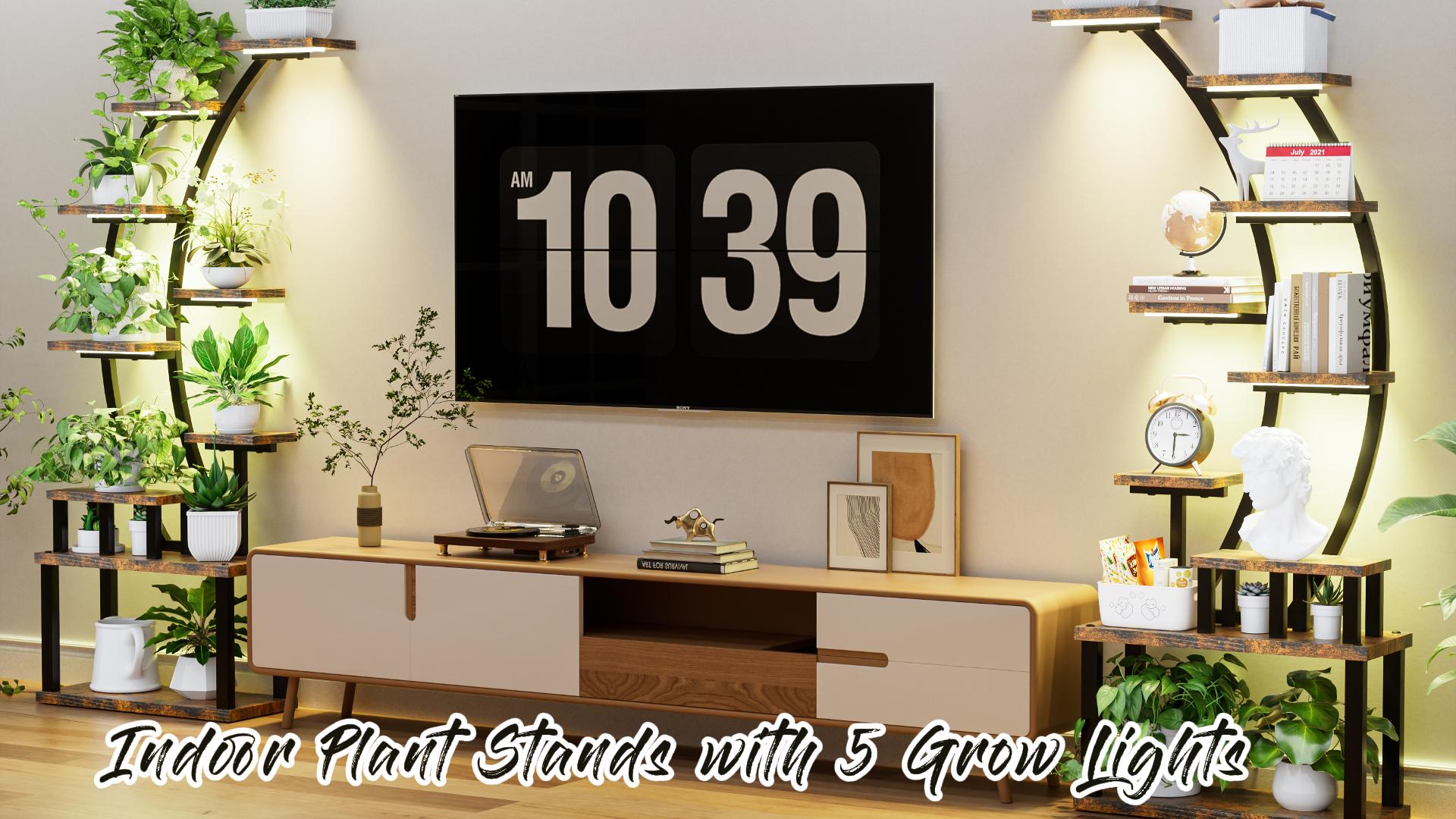 thumbnail video image 2 of SDJPOI 63" Half-Moon Indoor Plant Stands with 4 Grow Lights,9 Tiered Large Metal Plant Rack Shelves, Adjustable Dimming & 2 hook Flower Display Rack for Living, Room,Office,Patio & Balcony, 2 of 10