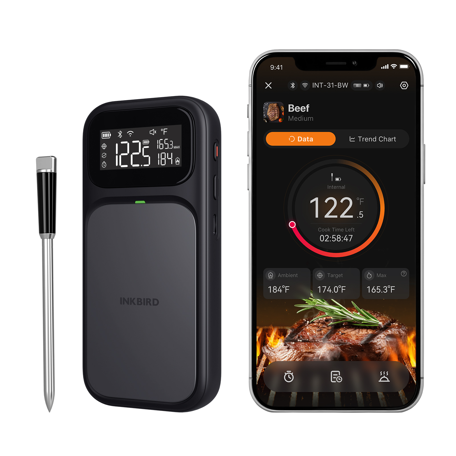 thumbnail video image 2 of INKBIRD INT-31-BW Wireless Meat Thermometer, WiFi 5G and Bluetooth 5.4 Dual Connection, Multi-sensing Temperature Probe, NIST Approved Accuracy, High and Low Temp Alarms with Cooking Time Estimator, 2 of 11