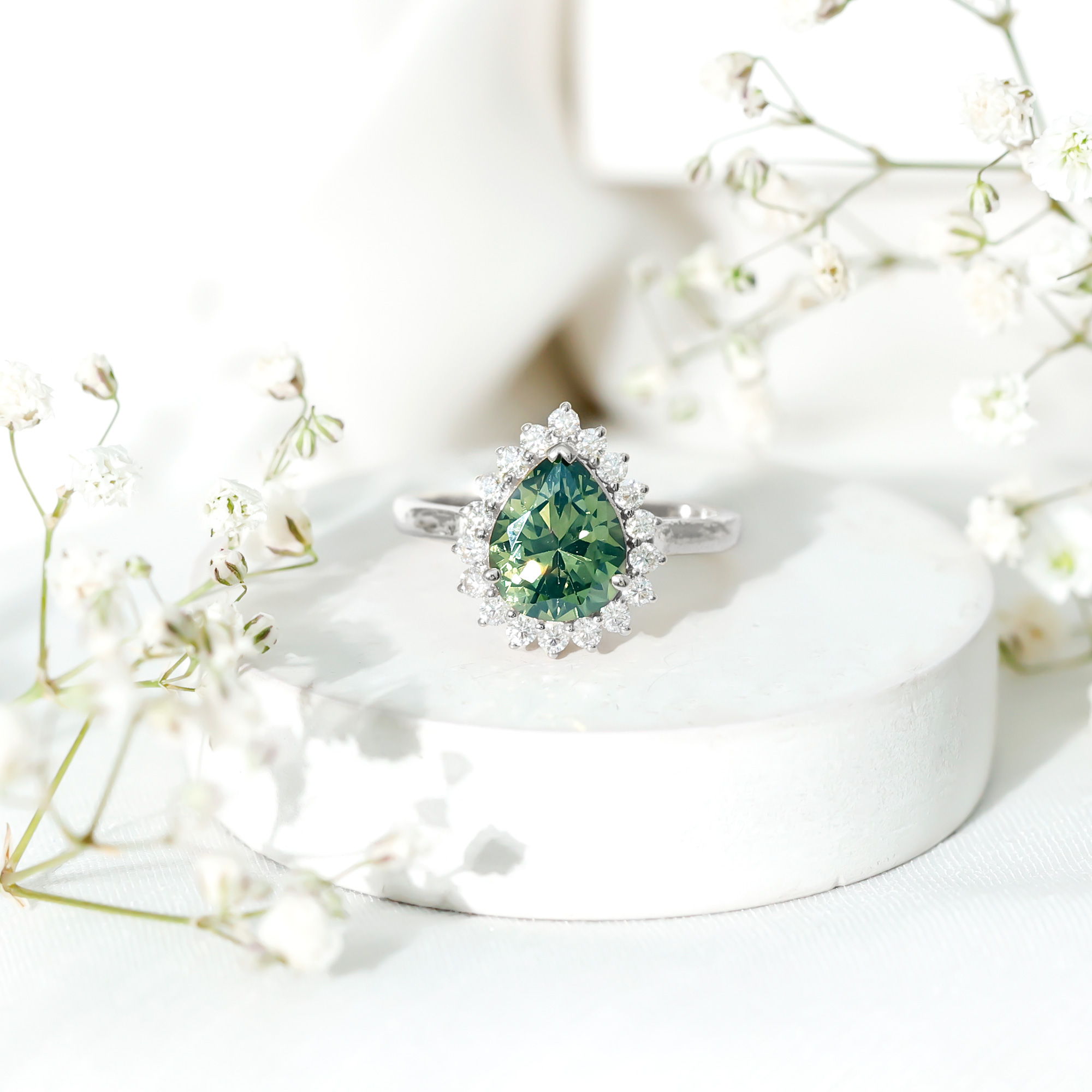 thumbnail video image 2 of 3 Carat Green Sapphire Engagement Ring in Silver (AAAA Quality) Womens Lab Grown Green Sapphire Ring - Gift For Special Occasions, US 7.00, 2 of 9