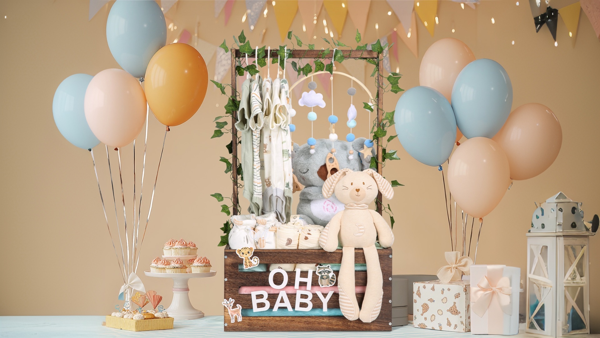 thumbnail video image 2 of Baby Shower Gifts Basket Wooden Crate, Personalized Wooden Letters and Baby Clothes Hangers New Born Baby Girl Boy Gifts Vine Decorations Cute Closet with Handle Pregnancy Gifts for New Mom Parents, 2 of 8