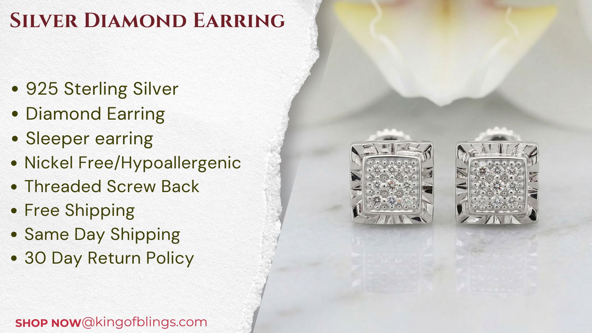 thumbnail video image 2 of King of Bling's 0.05ct Diamond For White 925 Sterling Silver Men's & Women's Square Earrings, 2 of 13