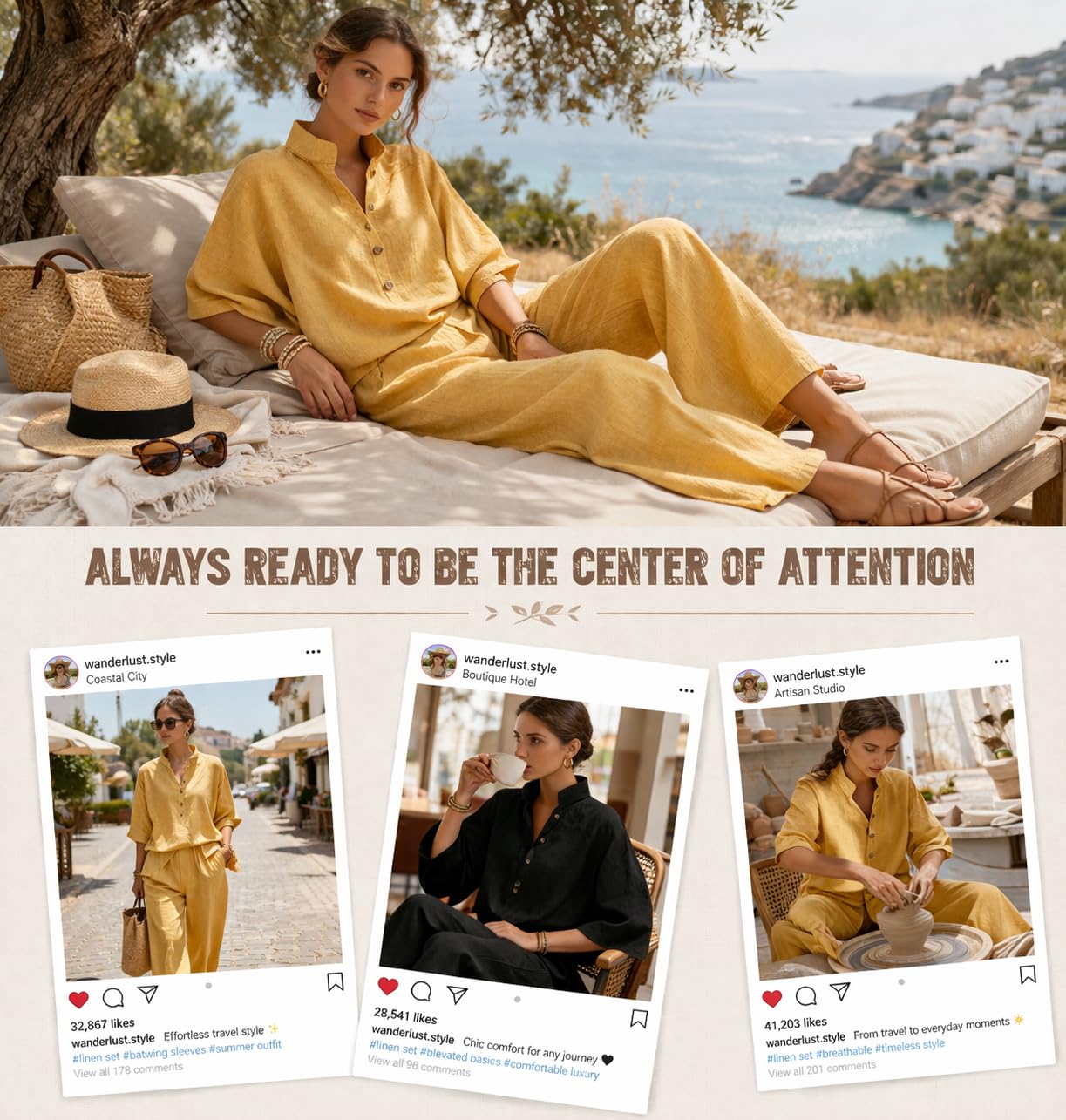 thumbnail video image 2 of Women’s Batwing Sleeve Linen Cotton Two-Piece Set – Casual Shirt & Wide Leg Pants Outfit, Lounge Cotton 2 Piece, 2 of 8