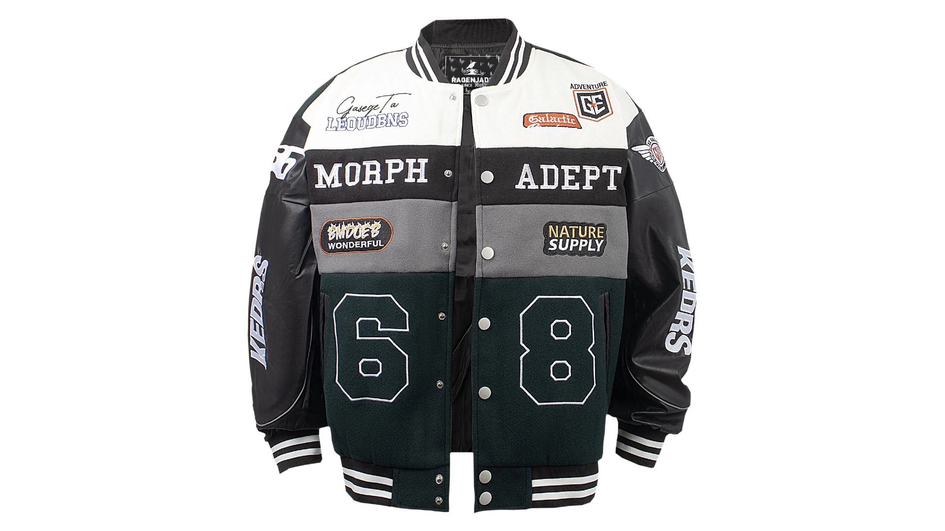 thumbnail video image 2 of RAOENJADO Mens Racing Jacket Vintage Varsity Bomber Coat with Faux Leather Sleeves Streetwear Dark Green XXXL, 2 of 7