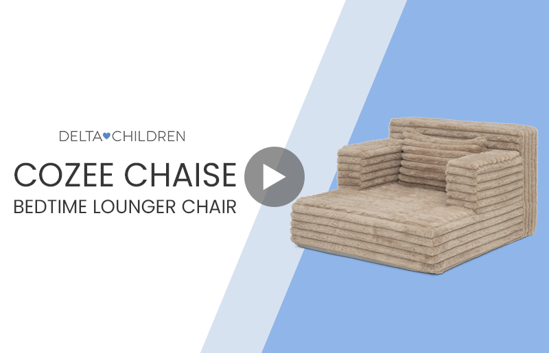 thumbnail video image 2 of Delta Children Cozee Chaise Bedtime Lounger Chair, Midnight, 2 of 11