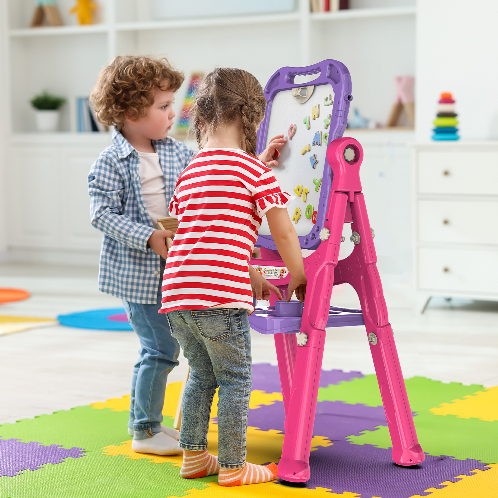 thumbnail video image 2 of BATTOP Art Easel for Kids, Adjustable Standing Rotatable Double Sided Easel with Painting Accessories for Toddlers Boys and Girls,Purple, 2 of 8