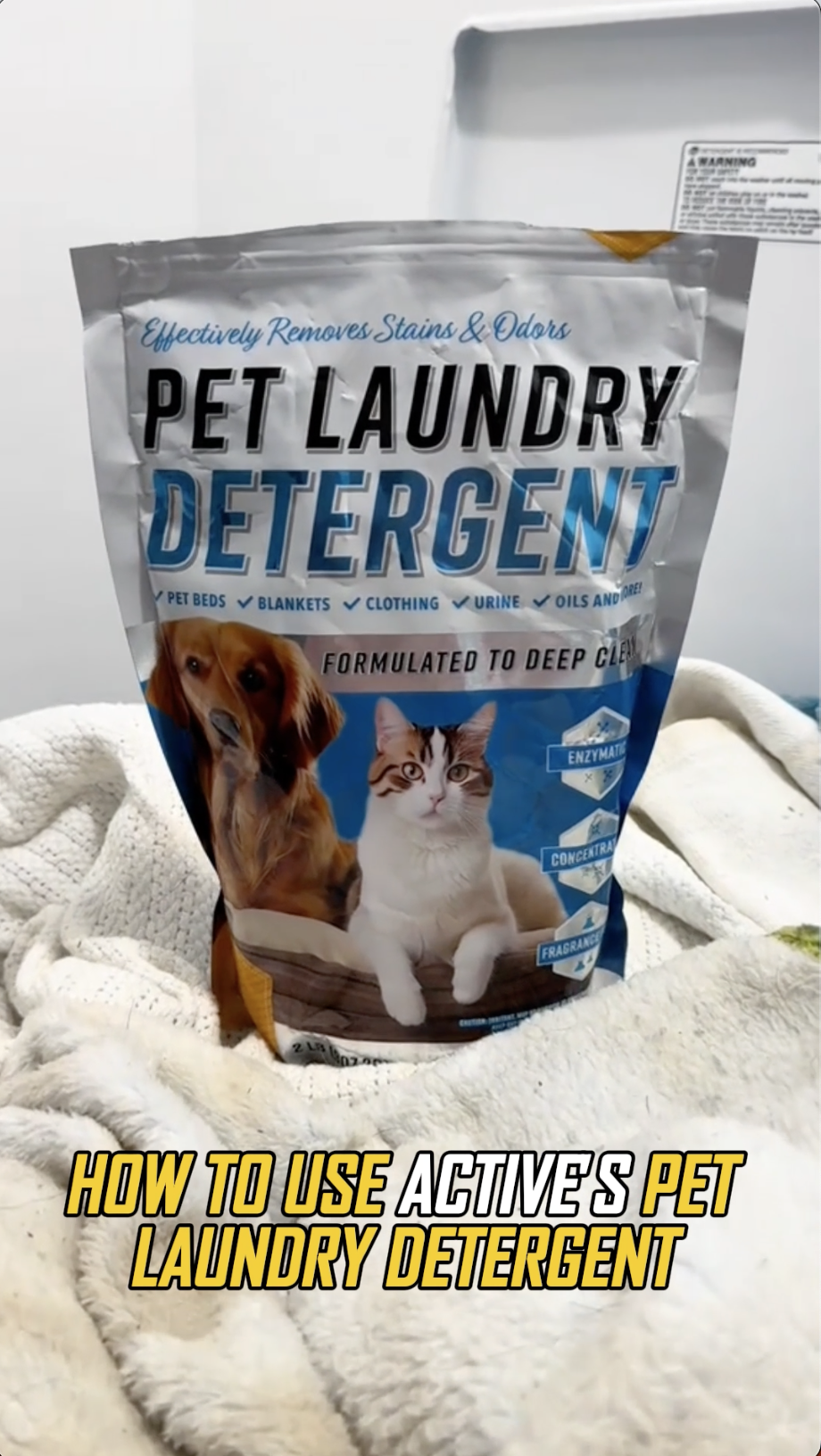 thumbnail video image 2 of Active Pet Laundry Detergent, Enzyme Based Odor and Stain Lifter for Dog and Cat Bedding, HE Washer Safe, 64 Loads, 1 Pack, 2 of 7