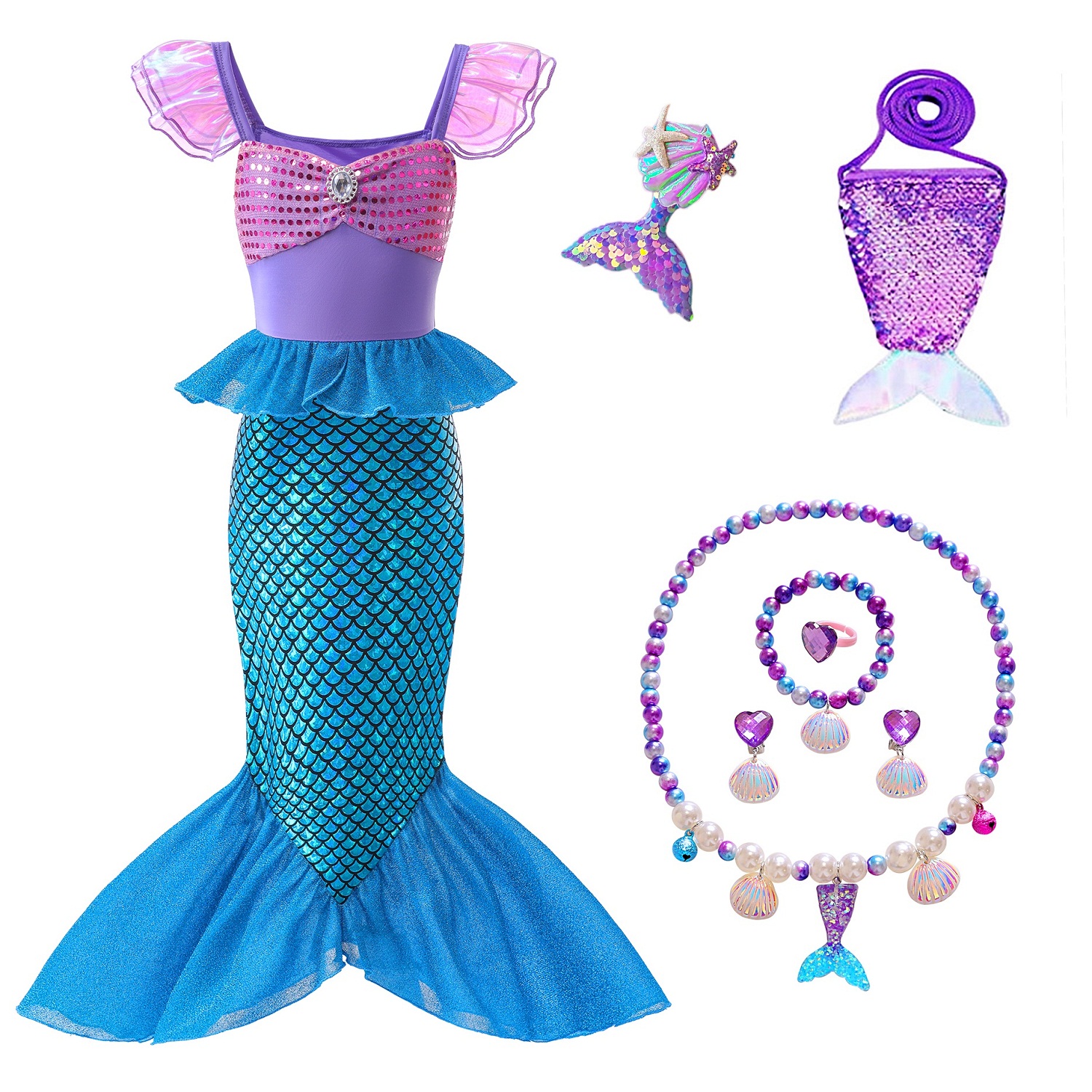thumbnail video image 2 of Little Girls Princess Mermaid Costume for Girls Dress Up with Accessory for Christmas Birthday Party Supplies, 2 of 8