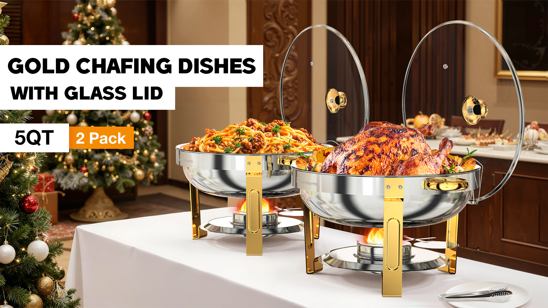 thumbnail video image 2 of WARMOUNTS Gold Chafing Dish Buffet Set 2 Pack, 5QT Round Stainless Steel Chafers and Buffet Warmers Sets with Glass Lid & Lid Holder for Parties Catering Events, Polished & No Finger Cuts, 2 of 15