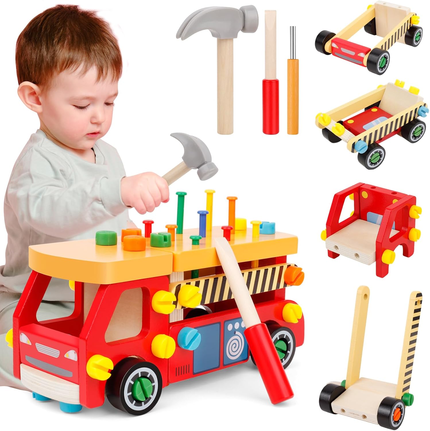 thumbnail video image 2 of Kids Tool Set for Boys, Wooden Toddler Tool Bench Montessori Toys for 2+Year Old, 62 Pcs Construction Educational Pretend Play for Age 2-5 Birthday Gift, 2 of 9