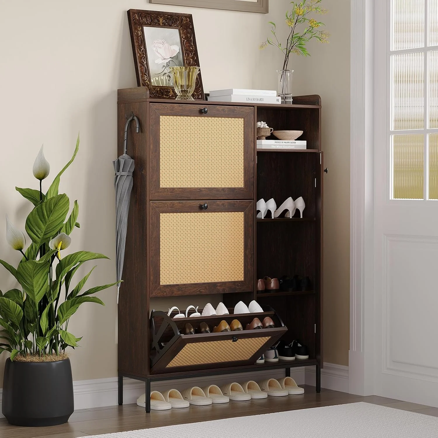 thumbnail video image 2 of IDEALHOUSE 3 Tier Rattan Shoe Cabinet, Flip Drawers Shoe Organizer with Adjustable Shelves, Natural Wood, 35.4" W x 9.3" D x 51.7" H, 2 of 8