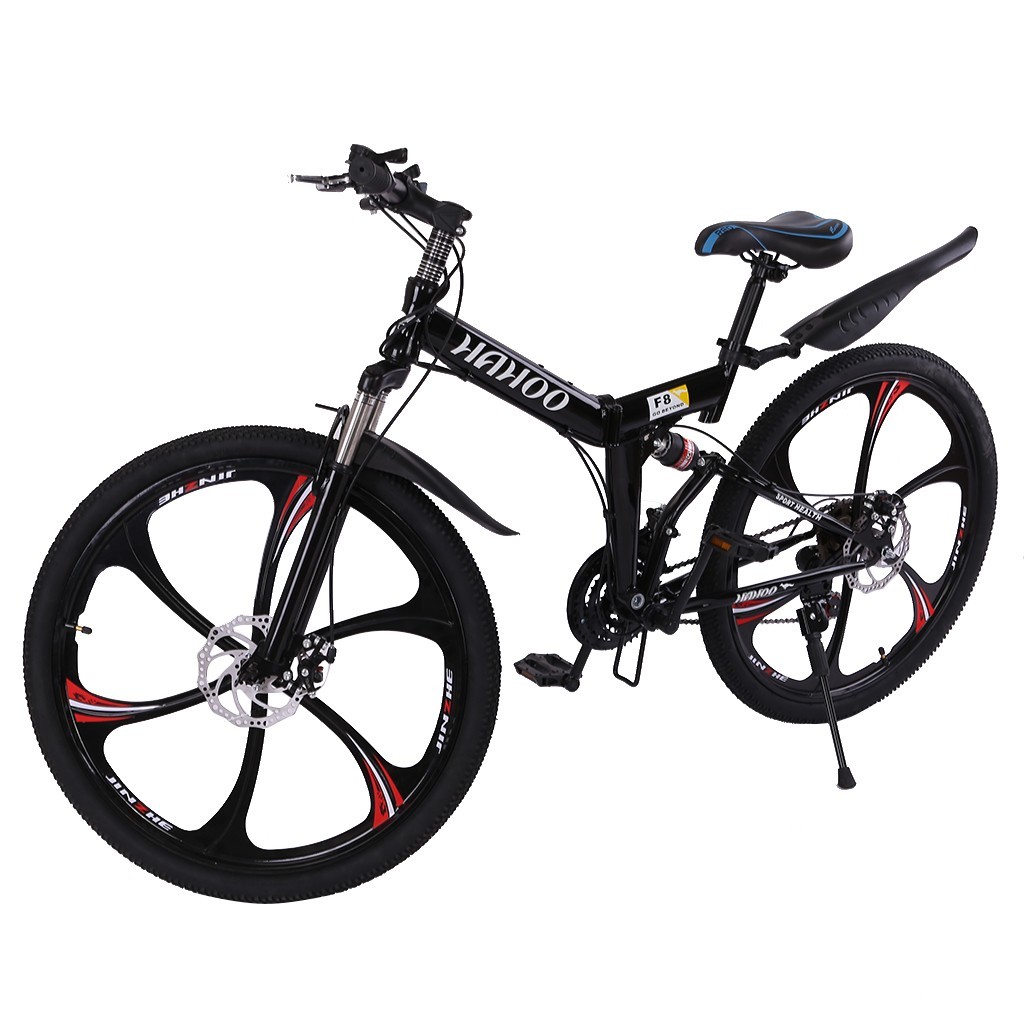 thumbnail video image 2 of 26" Folding Mountain Bike, 21 Speed Full Suspension High-Carbon Steel Dual Disc Brake Non- Mountain Bicycle, 2 of 7