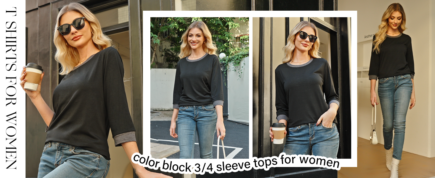 thumbnail video image 2 of Ronuti Womens T Shirts 3/4 Length Sleeve Womens Tops Dressy Casual Crew Neck Color Block Tunic Tops, 2 of 8