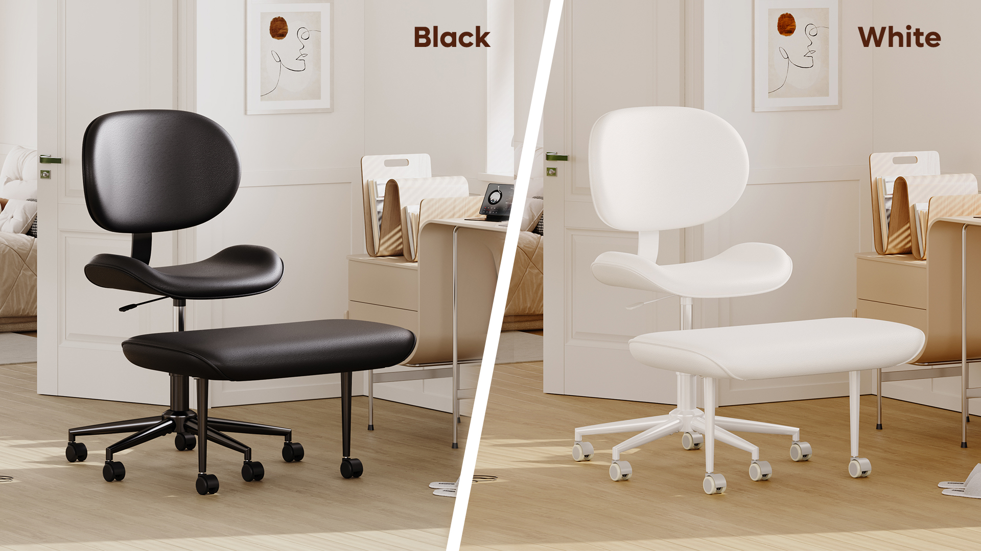 thumbnail video image 2 of Pinmoco Extra Wide Armless Office Chair for Cross Legged Sitting, Ergonomic Swivel Desk Chair with Faux Leather, Comfy Task Chair for Home Office, Gaming & Meditation, Black, 2 of 13