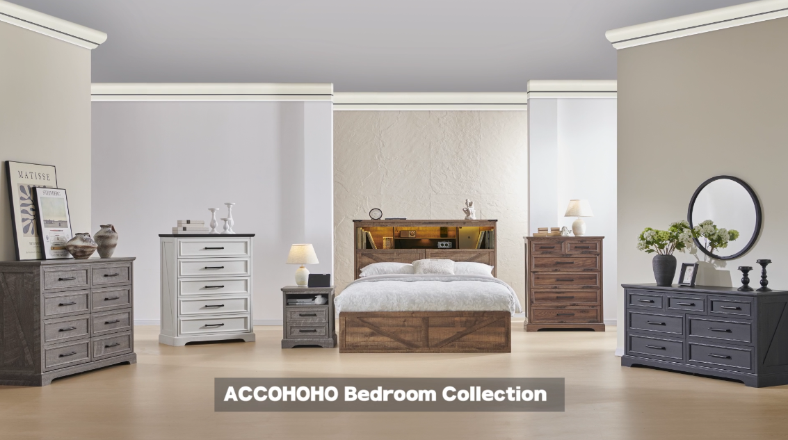 thumbnail video image 2 of ACCOHOHO Farmhouse 6 Drawers Dresser Chests for Bedroom, 46' Wood Rustic Chest of Drawers, Wide Metal Handle Pull Storage Cabinet, Brown, 2 of 7