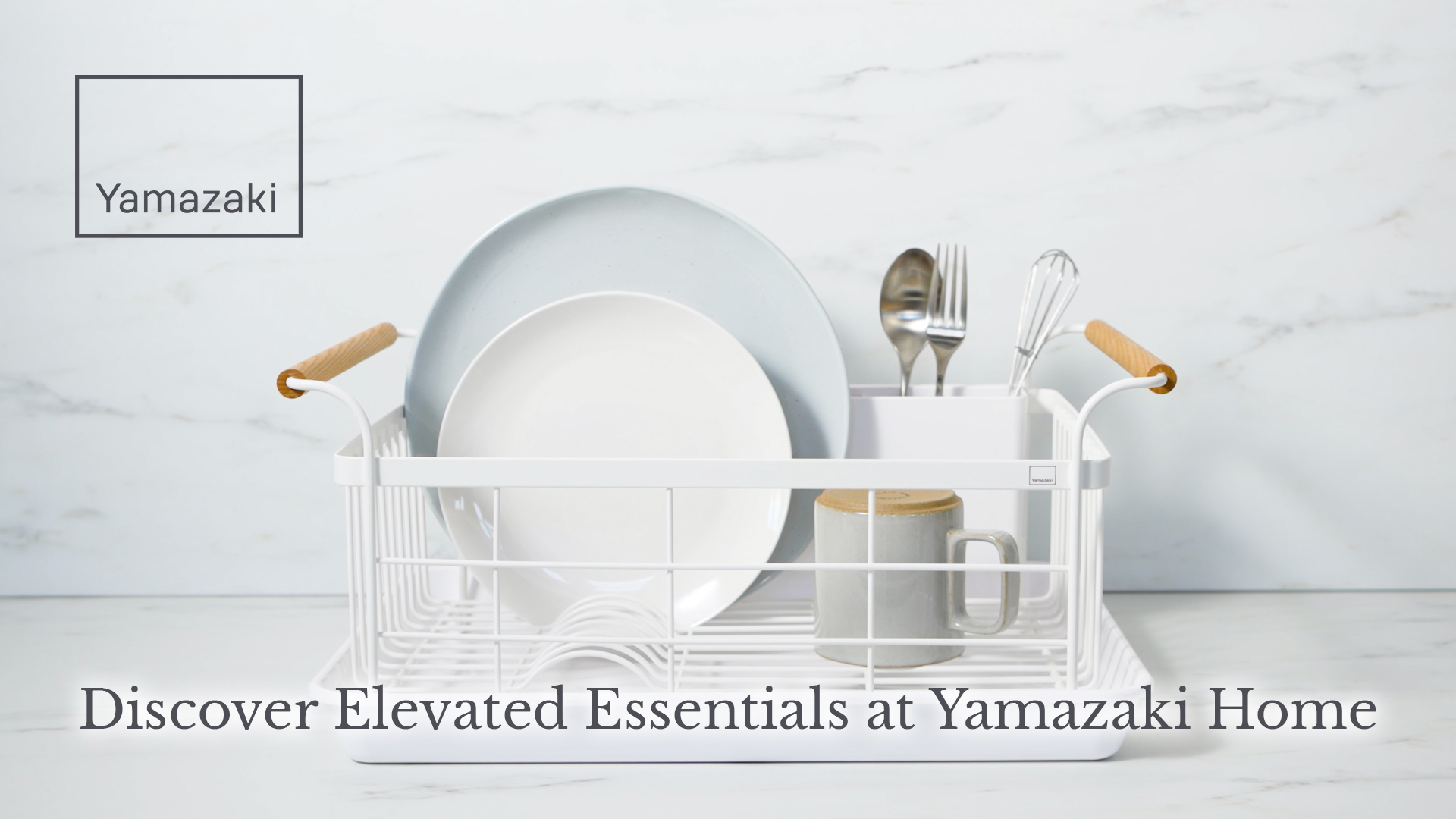 thumbnail video image 2 of Yamazaki Home Dish Rack, Gray, Steel + Wood, Supports 22 pounds, Drainer Tray, Handles, Utensil Holder, Water Resistant, No Assembly, 2 of 8
