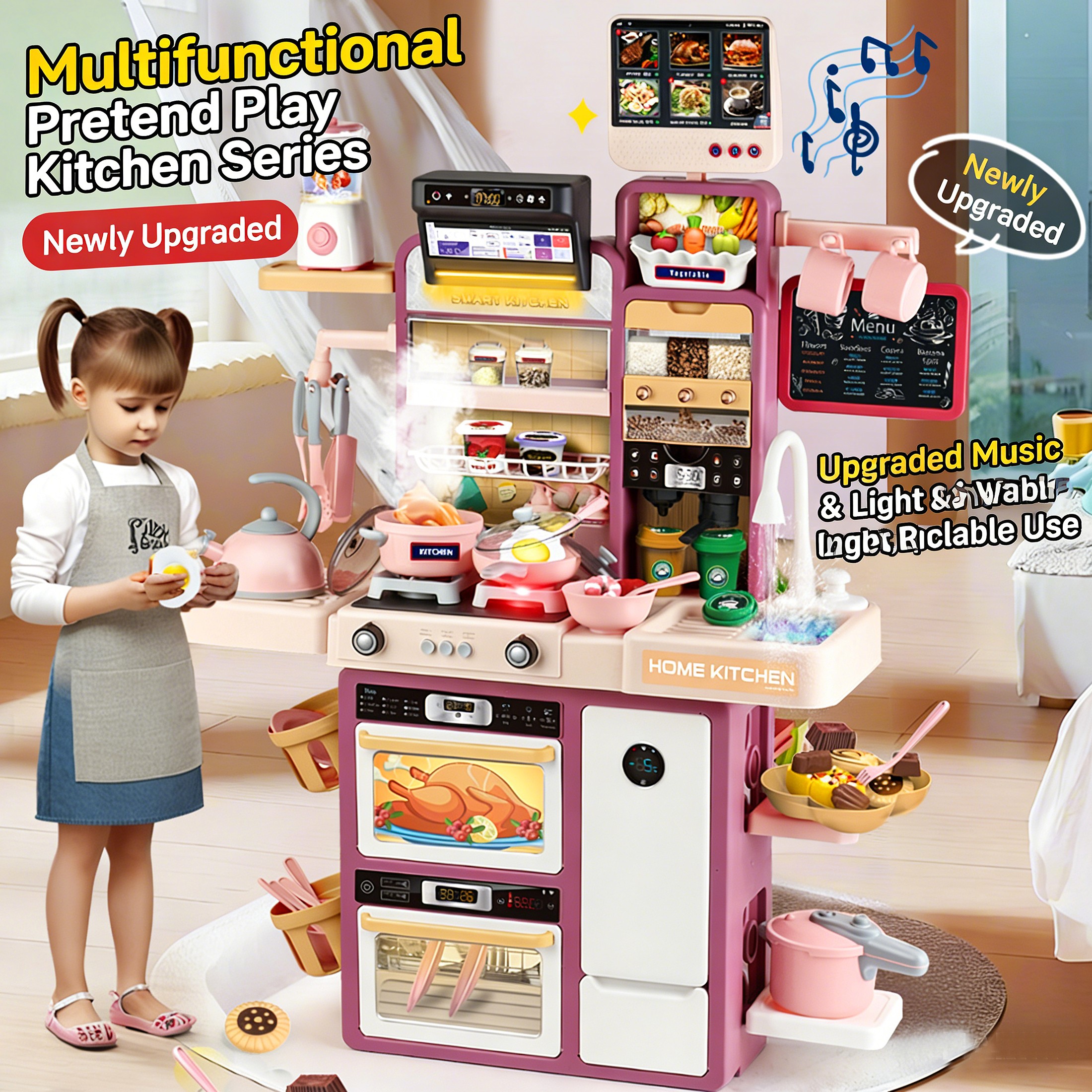 thumbnail video image 2 of Pink Play Kitchen Set for Kids - 93cm Pretend Cooking Table with Interactive Lights & Sounds, Play Food & Utensils, Toddler Role Play Furniture Gifts for Girls Boys Ages 3-8, 2 of 10