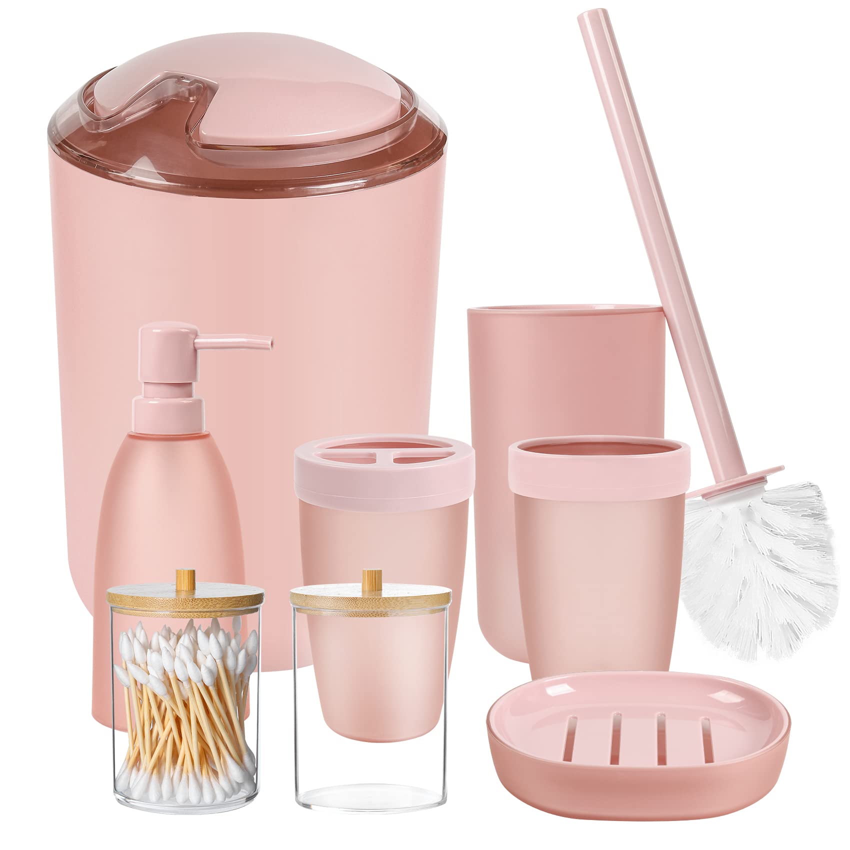 thumbnail video image 2 of 8PCS Pink Bathroom Accessories Set - with Trash Can,Toilet Brush,Toothbrush Holder, Lotion Soap Dispenser, Soap Dish,Toothbrush Cup,Qtip Holder, 2 of 7