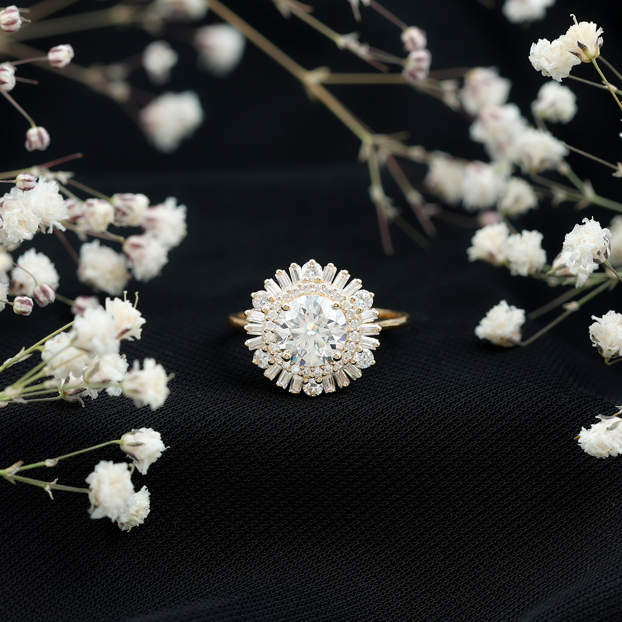 thumbnail video image 2 of Rosec Jewels Round Moissanite Halo Engagement Ring - D-VS1 Quality Certified Moissanite Ring, 14K Yellow Gold, US 4.50, 2 of 8