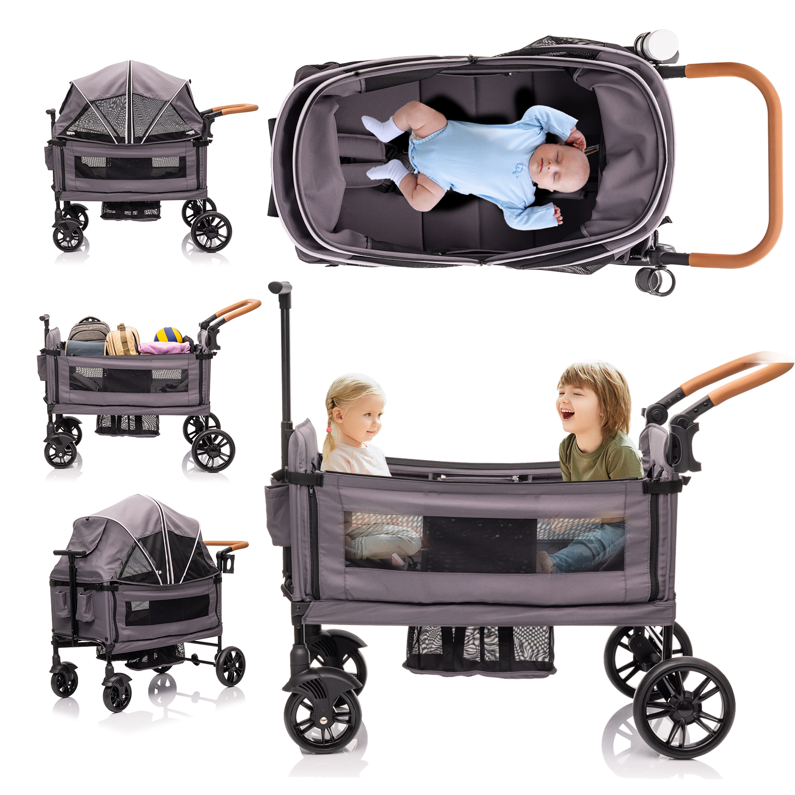 thumbnail video image 2 of Funyard, Expedition Wagon Stroller for 2 Kids, Double Stroller with 5-Point Safety Harness, Adjustable Canopy & Handlebar, Snack Tray, All-Terrain Wheels, Lightweight Fold, Grey, 2 of 9