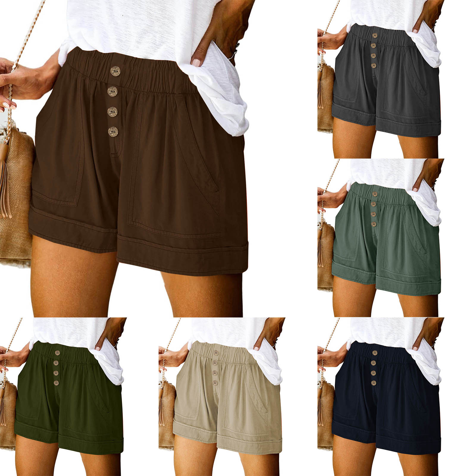 thumbnail video image 2 of WREESH Womens Shorts Summer Solid Pocket Casual Sports Shorts Brown, 2 of 8